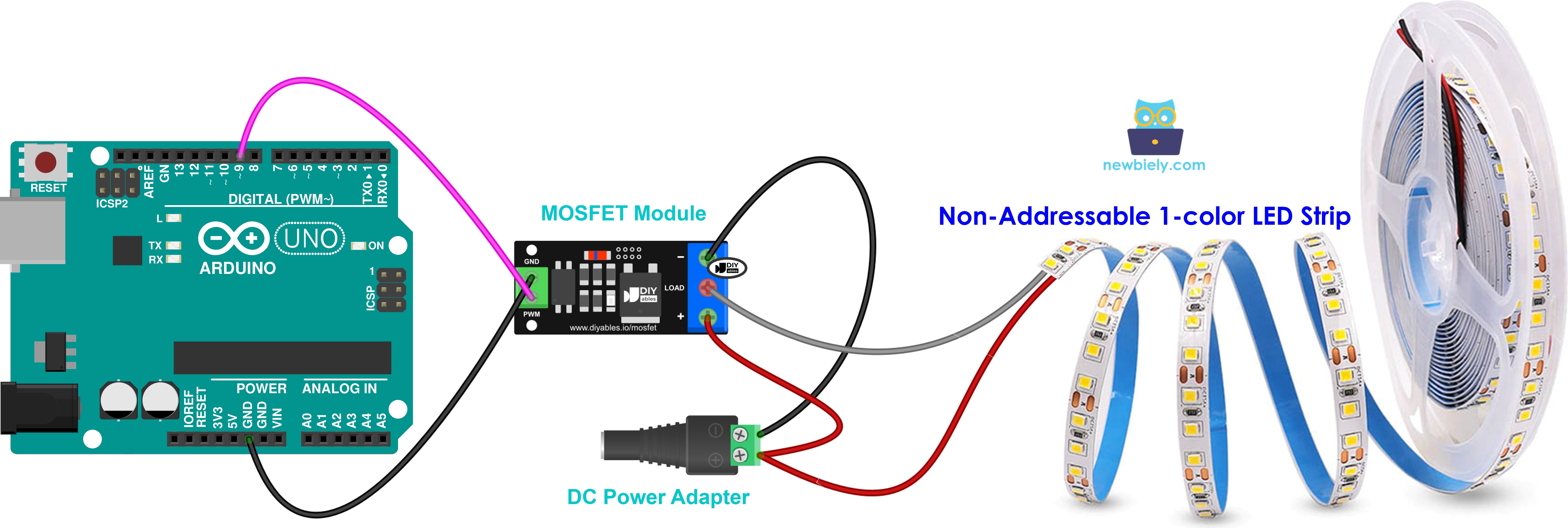 Tira LED de 12V de un solo color conectada a un módulo MOSFET