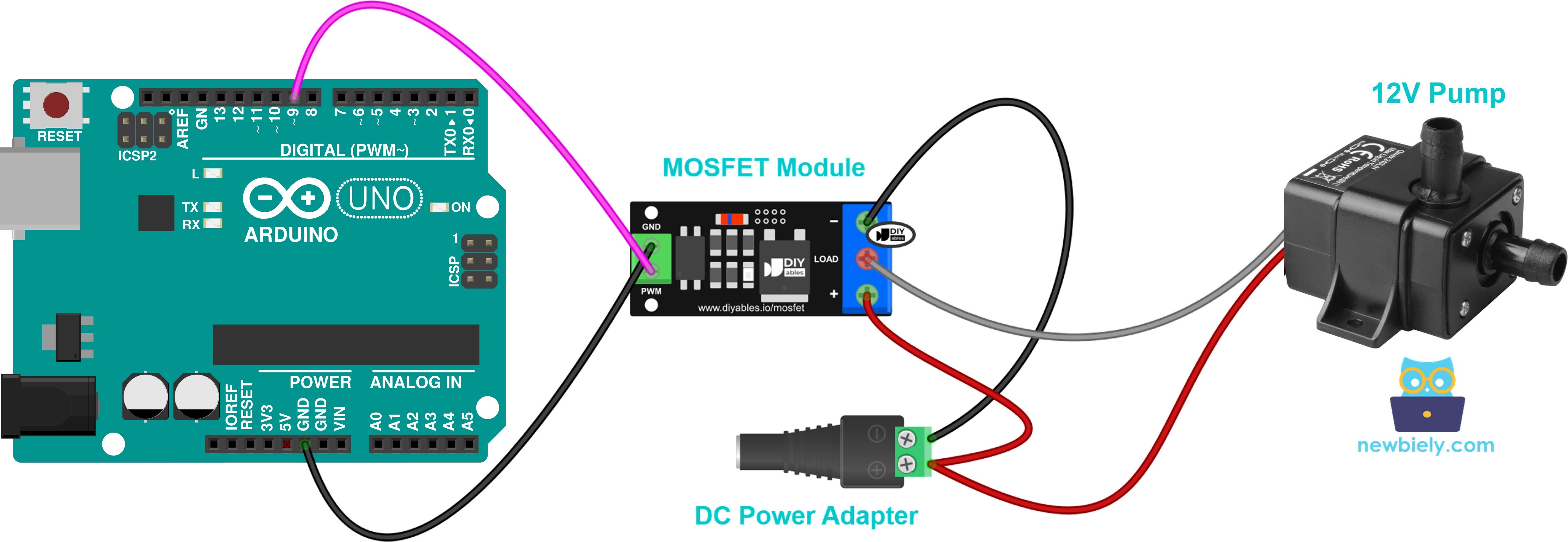 Conexión de una bomba de agua de 12V al módulo MOSFET
