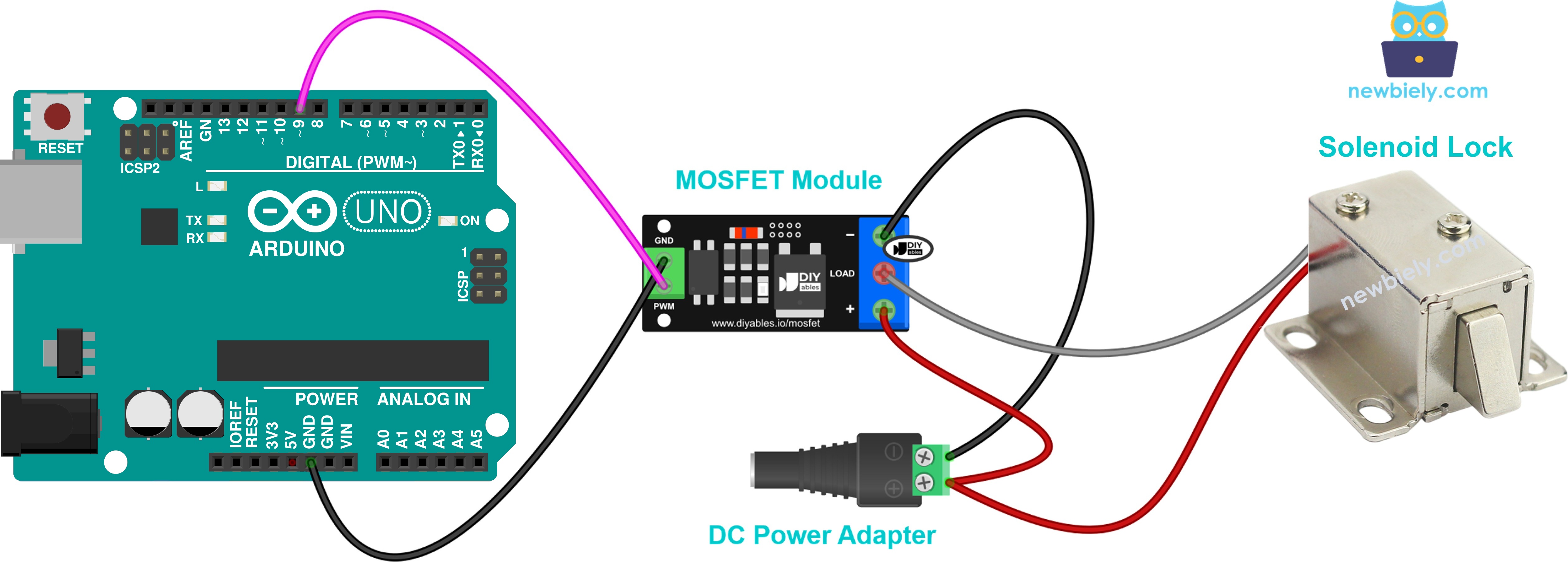 Diagrama de cableado de la cerradura solenoide con el módulo MOSFET