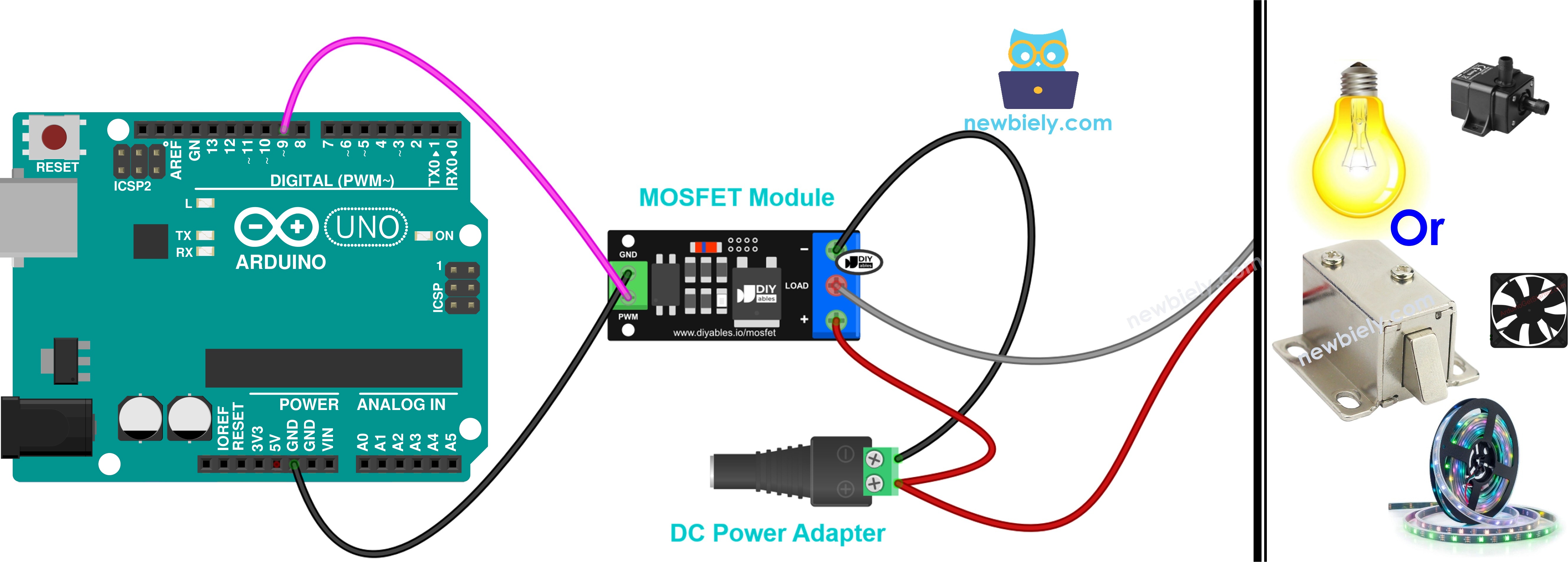 Diagrama de cableado de Arduino con el módulo MOSFET AOD4184, LR7843 o FR120N