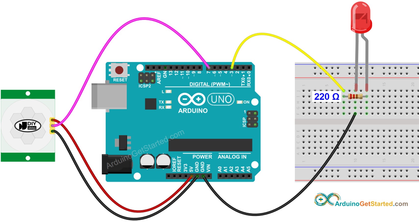 Diagrama de cableado del LED para sensor de movimiento de Arduino