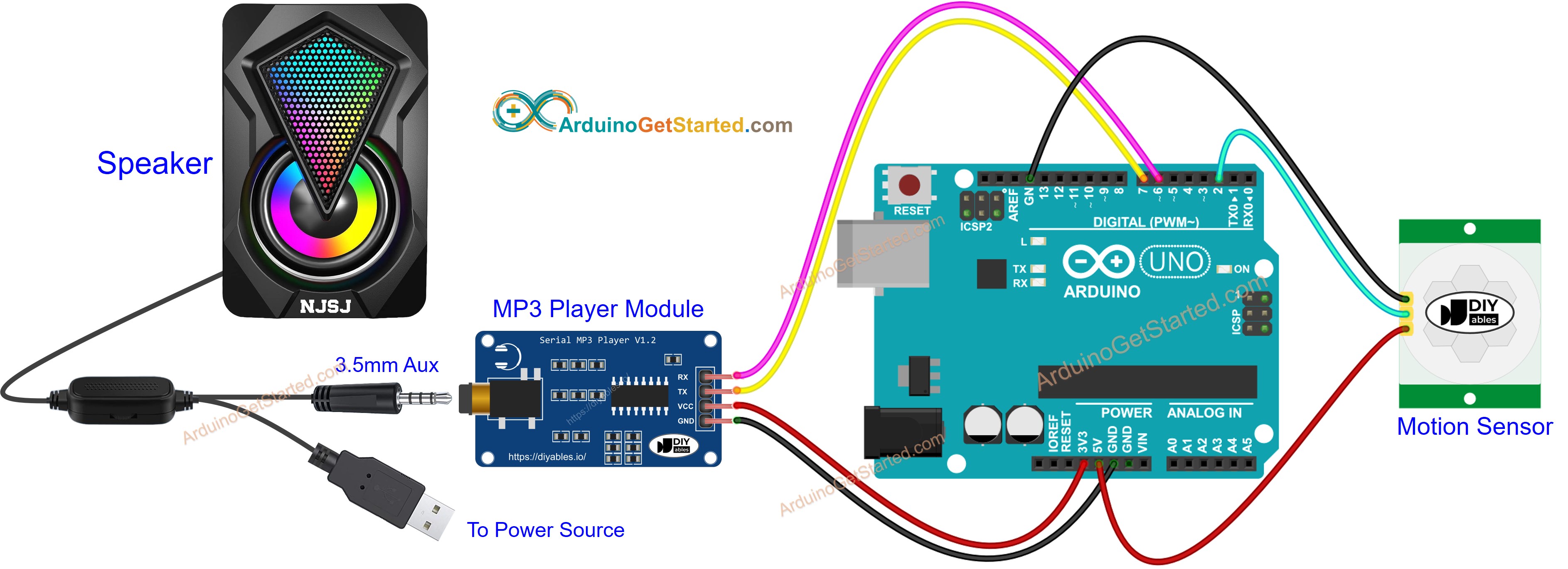 Diagrama de cableado de Arduino con sensor de movimiento y reproductor MP3