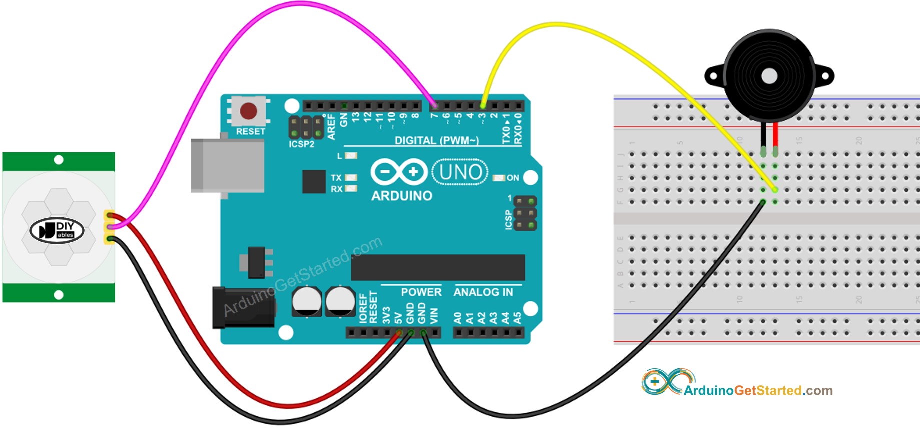 Diagrama de cableado del sensor de movimiento de Arduino y del zumbador piezoeléctrico