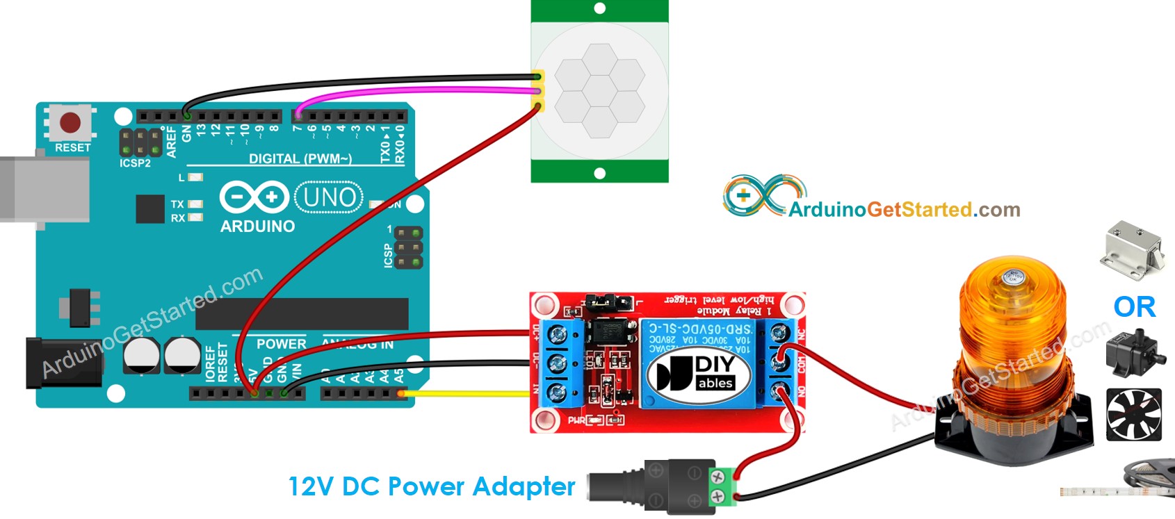 Diagrama de cableado del relé para sensor de movimiento de Arduino