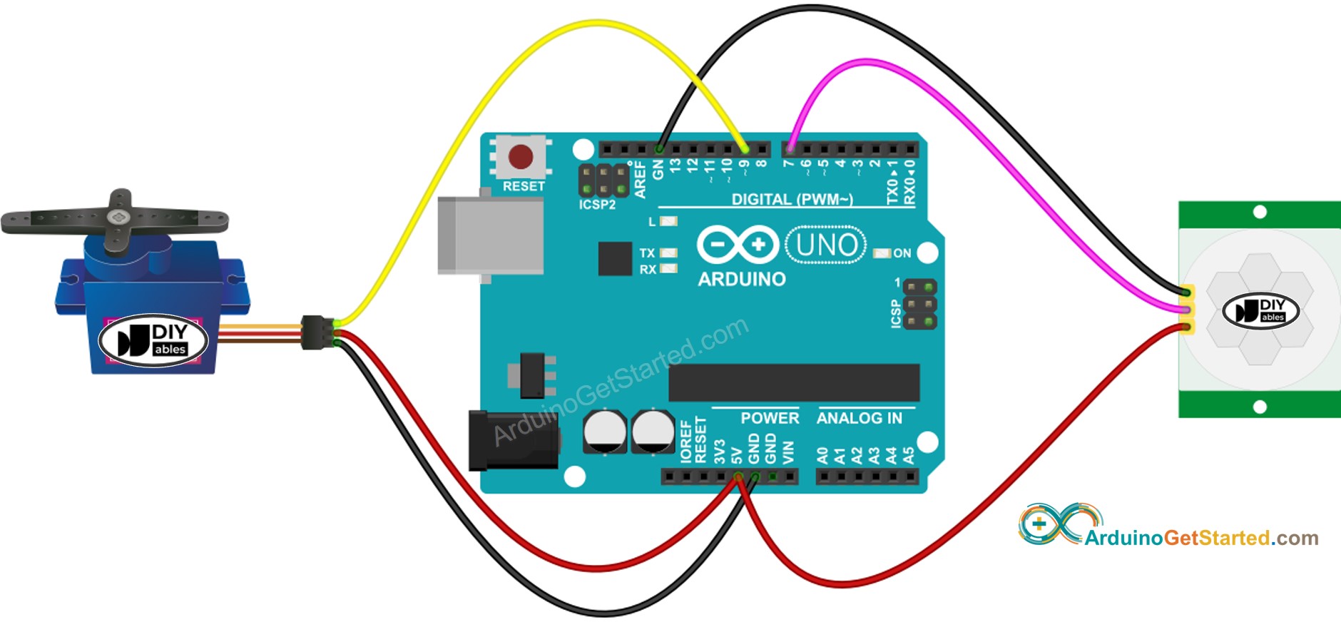 Diagrama de cableado de Arduino para sensor de movimiento y servomotor
