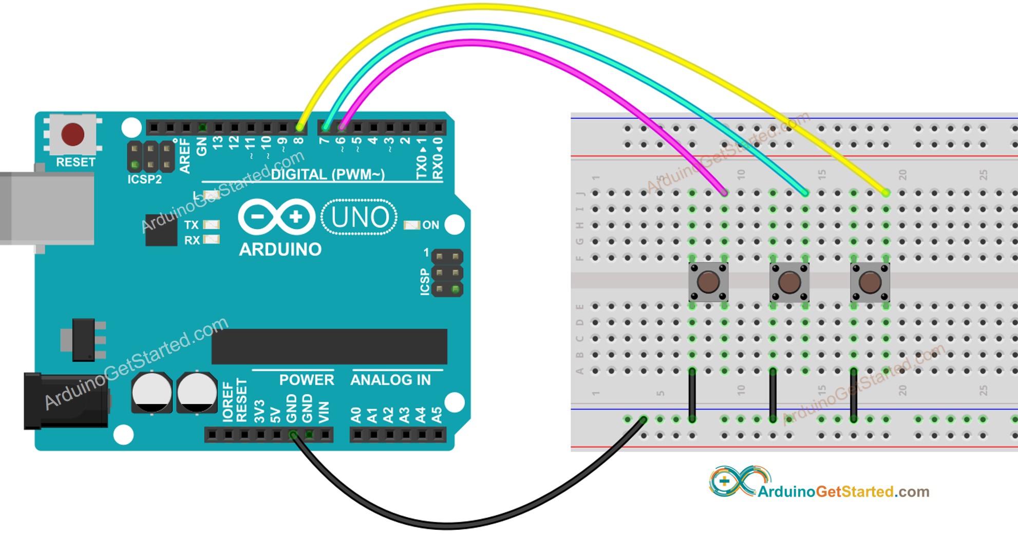 Diagrama de cableado de la biblioteca de botones de Arduino