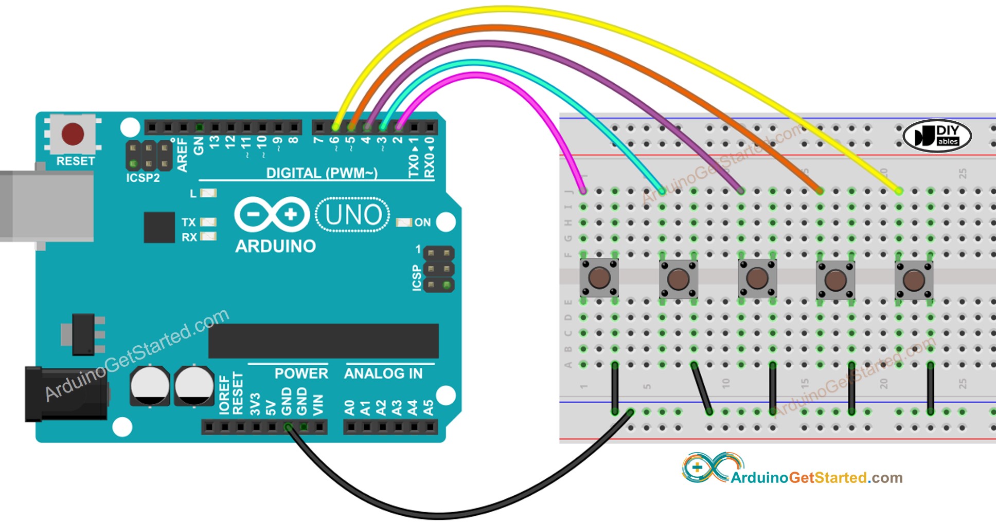 Diagrama de cableado de Arduino con múltiples botones