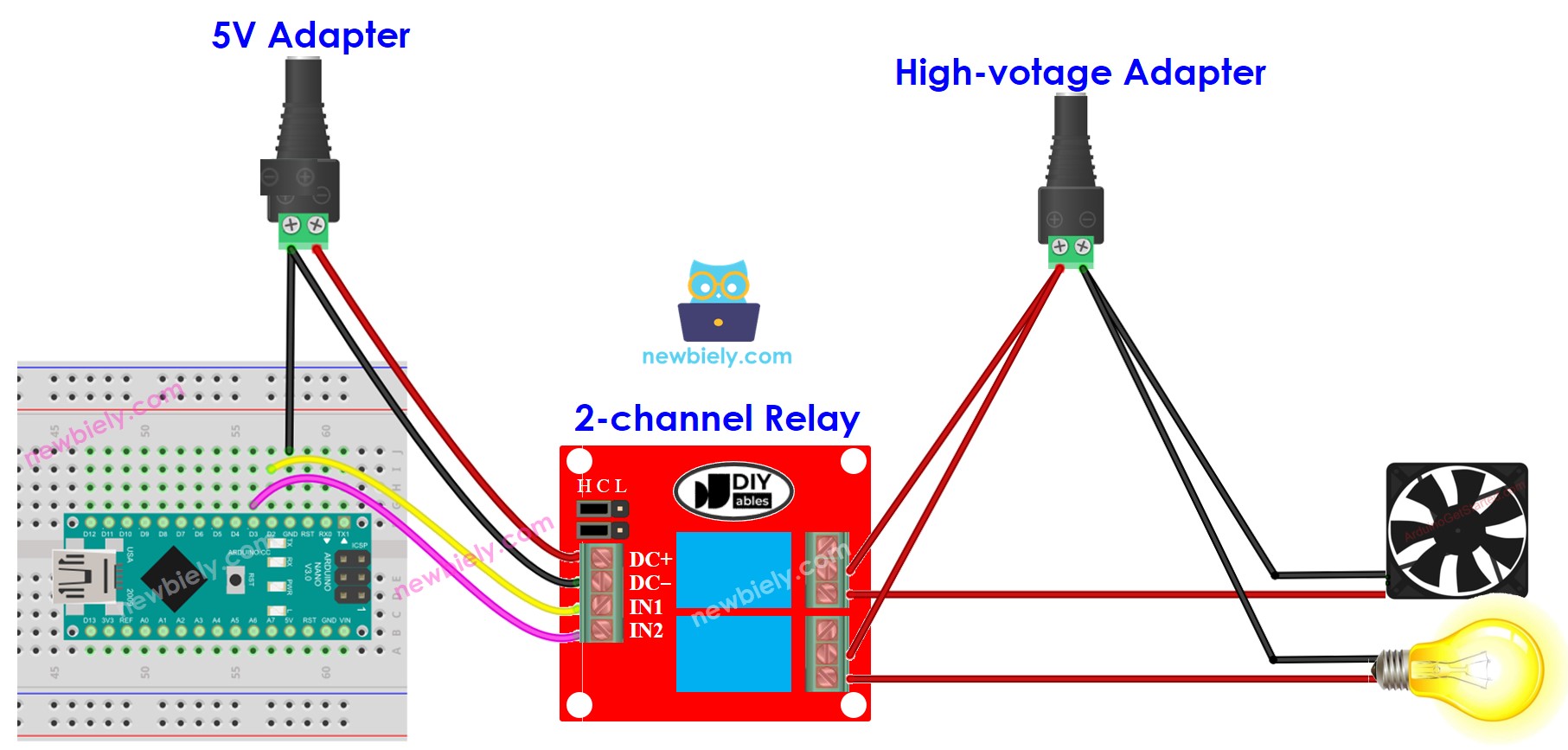 Diagrama de cableado de la fuente de alimentación externa para el módulo de relé de 2 canales para Arduino Nano
