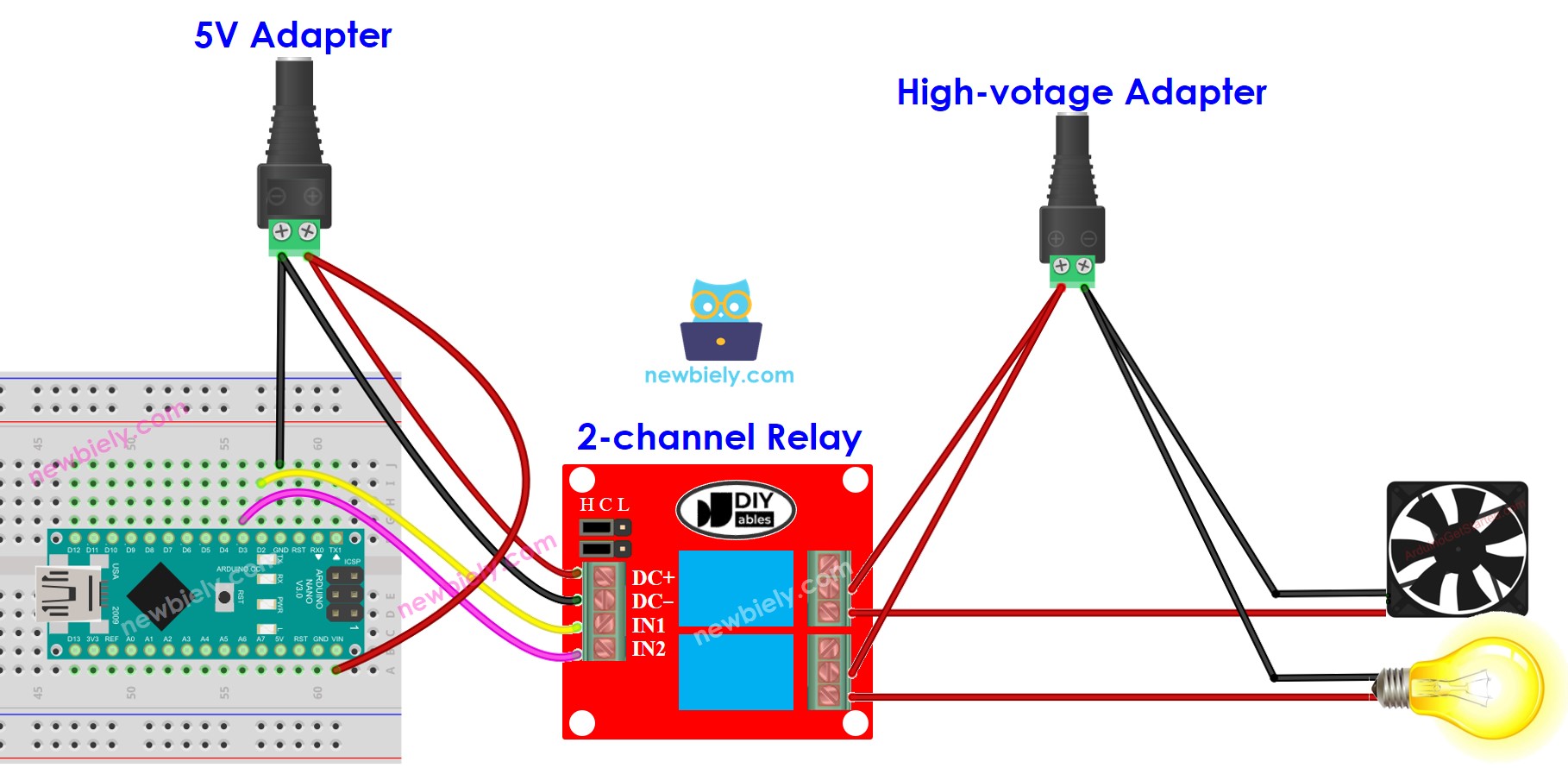 Diagrama de cableado del módulo de relé de dos canales para Arduino Nano con dos fuentes de alimentación
