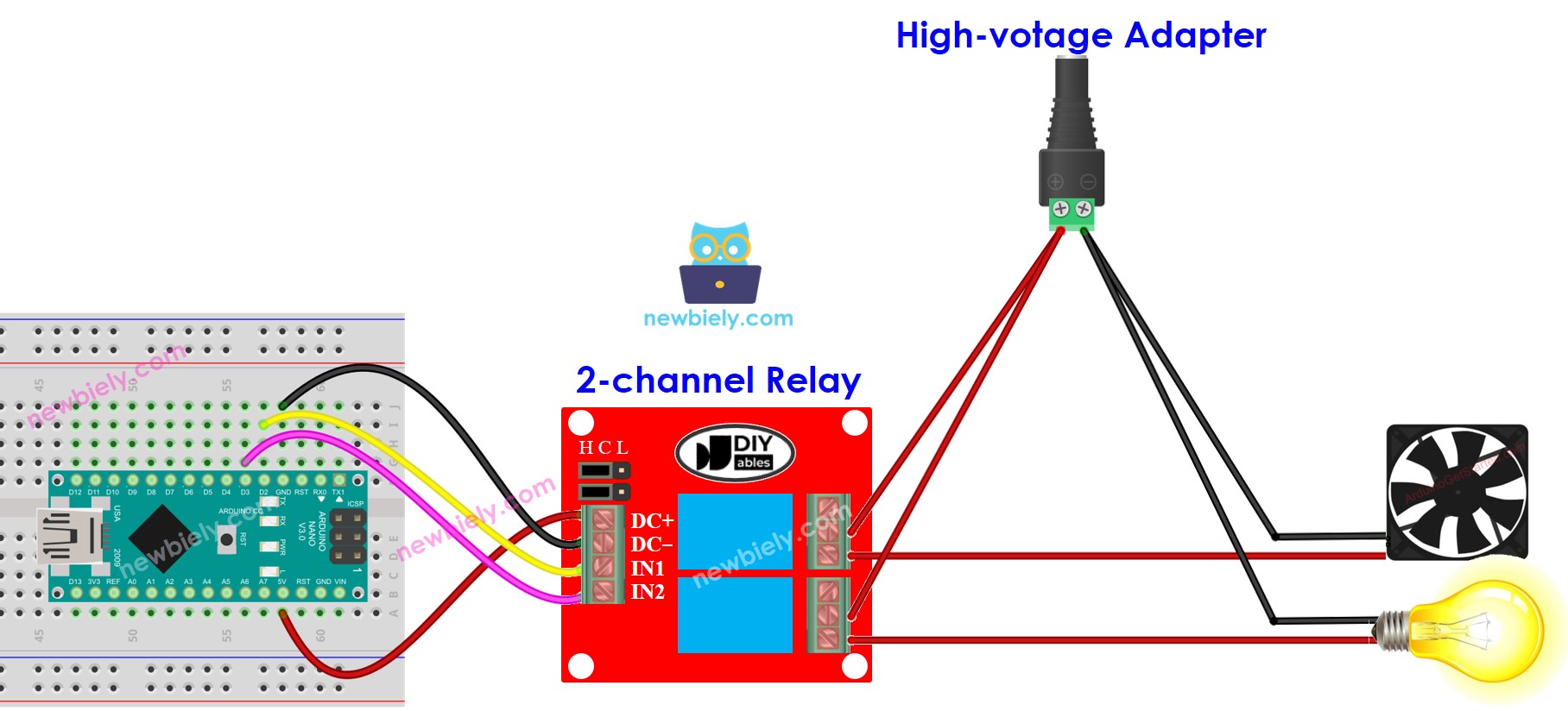 Diagrama de cableado del módulo de relé de 2 canales para Arduino Nano