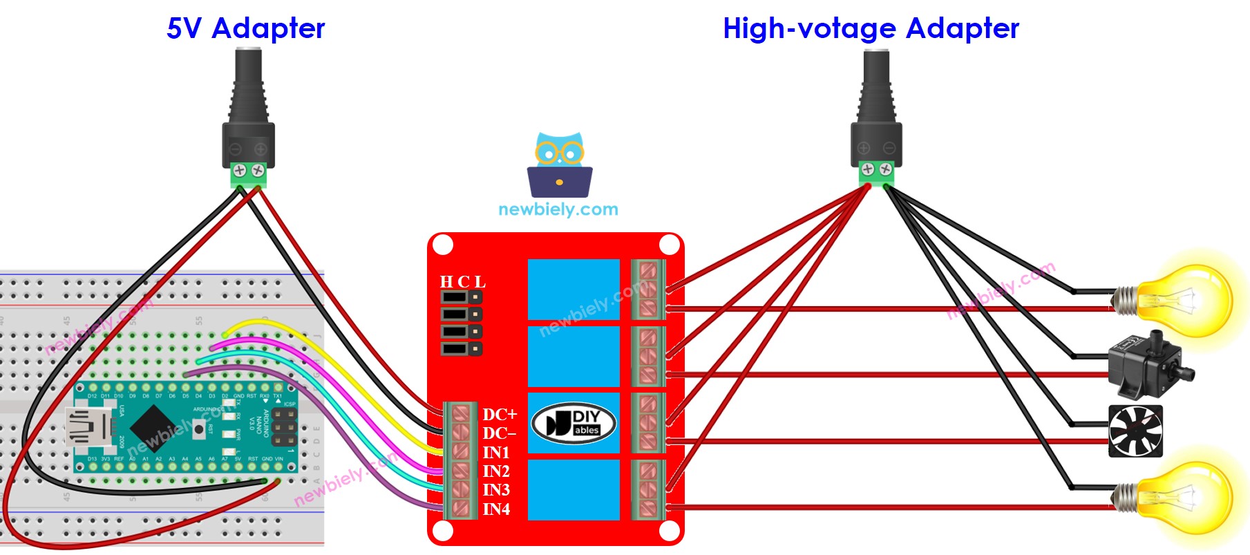 Diagrama de cableado del módulo de relé de 4 canales para Arduino Nano, dos fuentes de alimentación