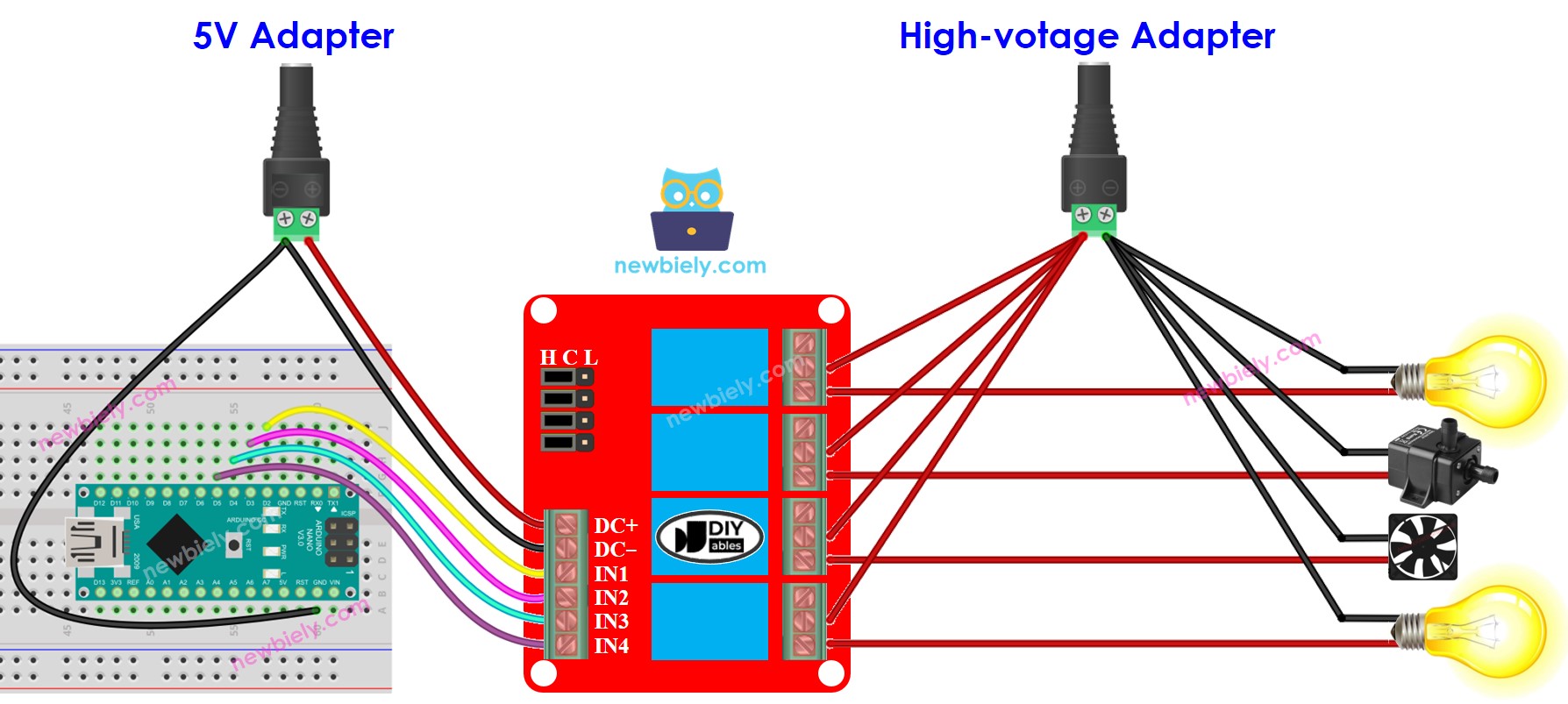 Diagrama de cableado del módulo de relé de 4 canales para Arduino Nano