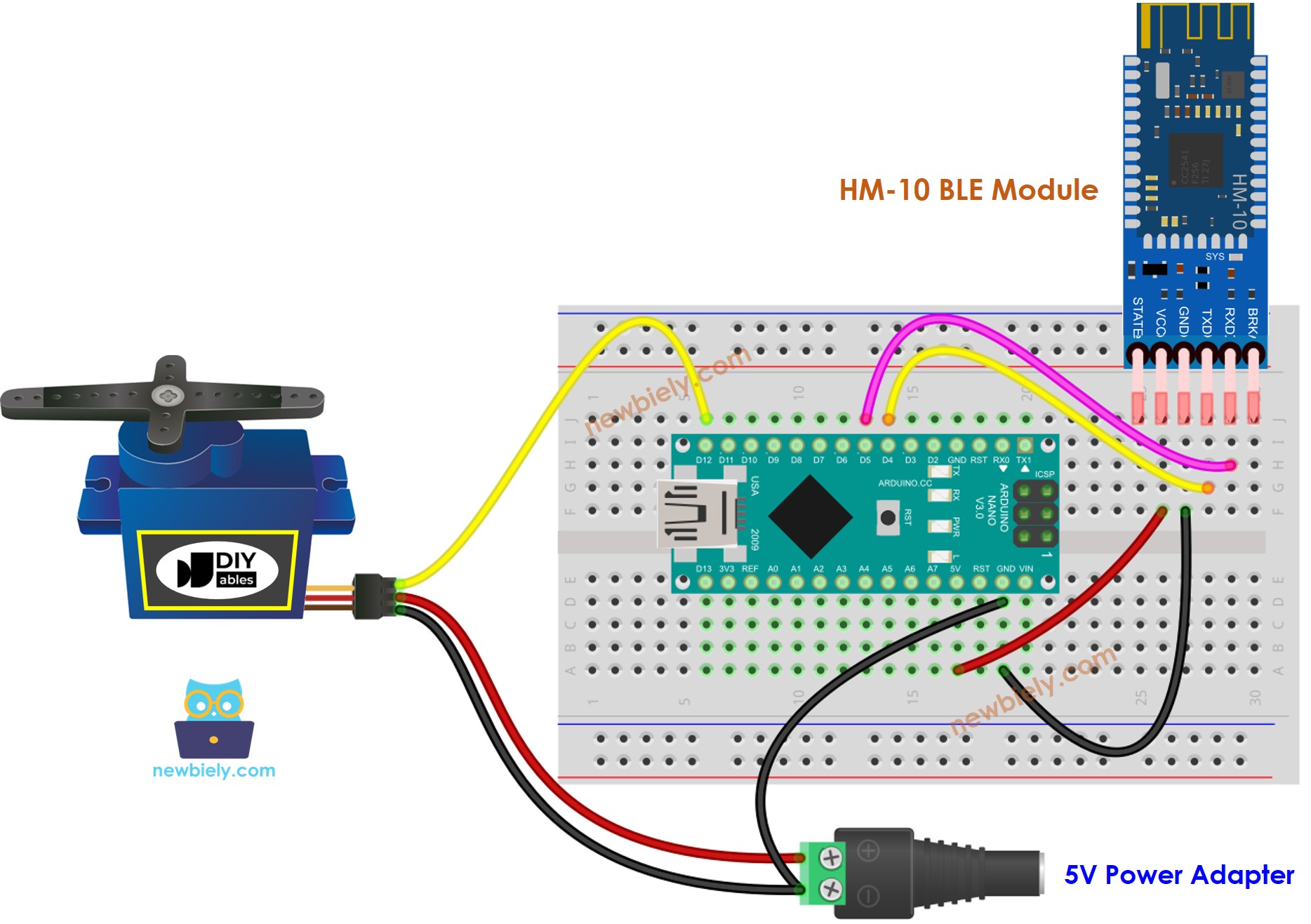 Diagrama de cableado de Arduino Nano para servomotor BLE
