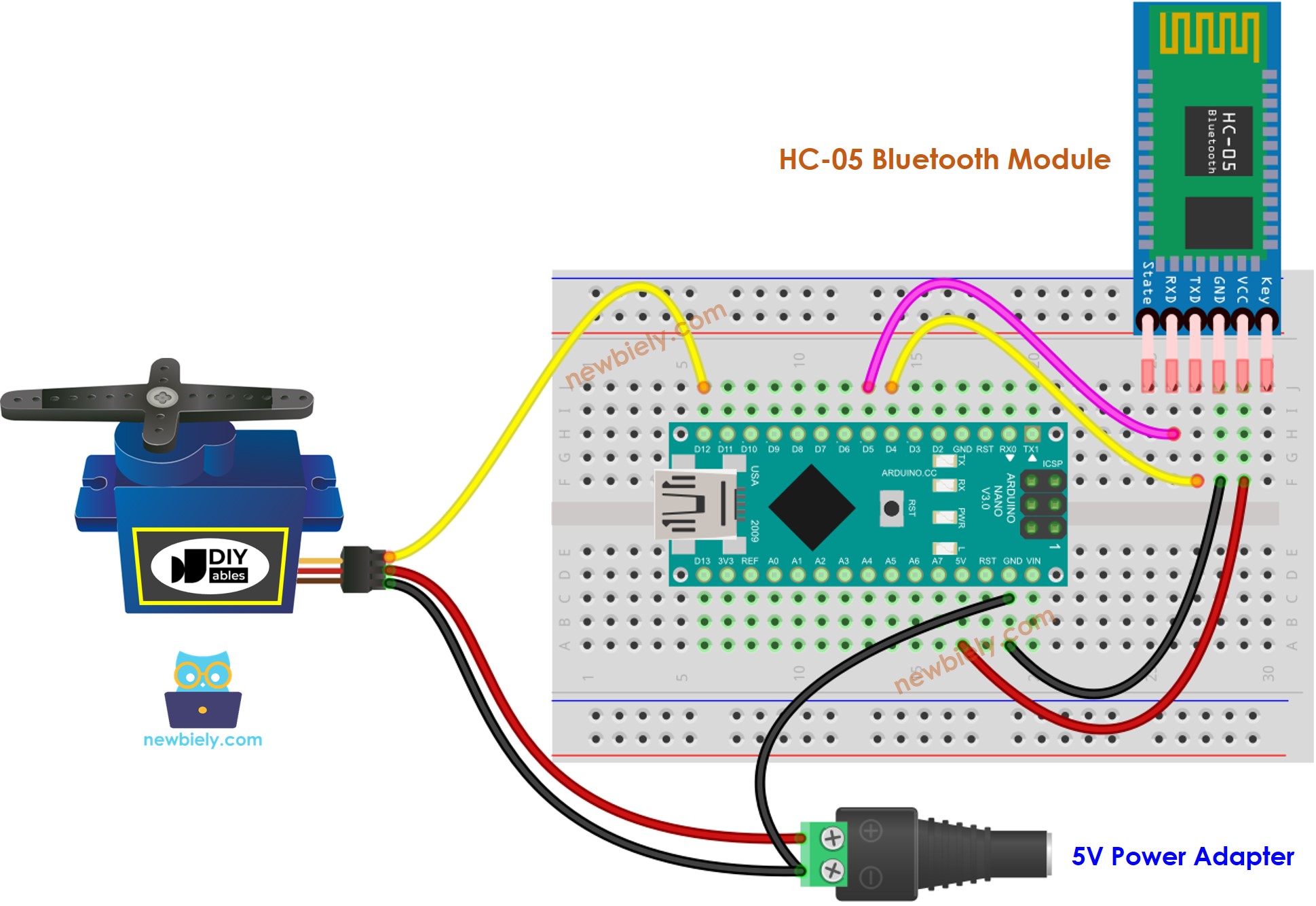 Diagrama de cableado de Arduino Nano para servomotor y Bluetooth.