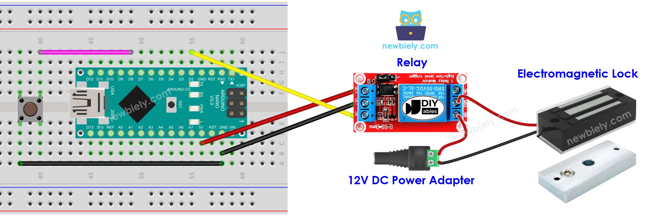 Diagrama de cableado de Arduino Nano, botón y cerradura electromagnética