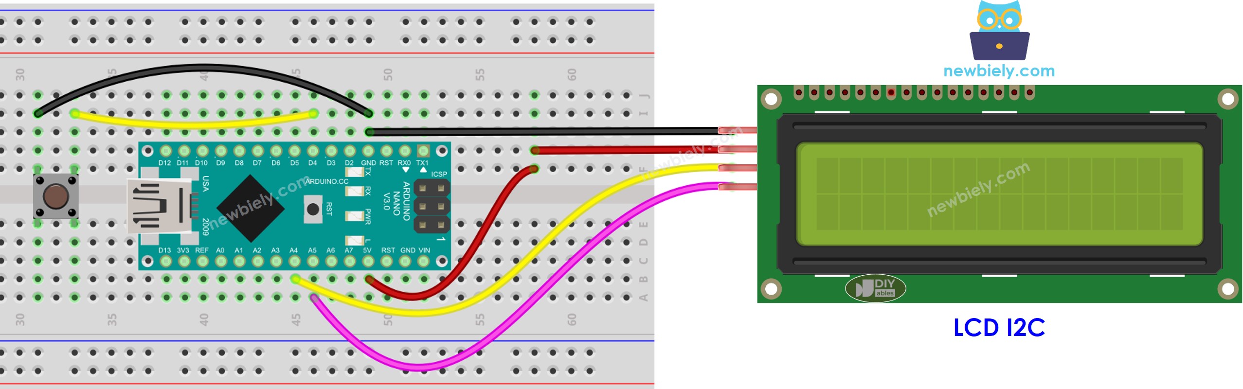 Diagrama de cableado de Arduino Nano, botón y LCD I2C