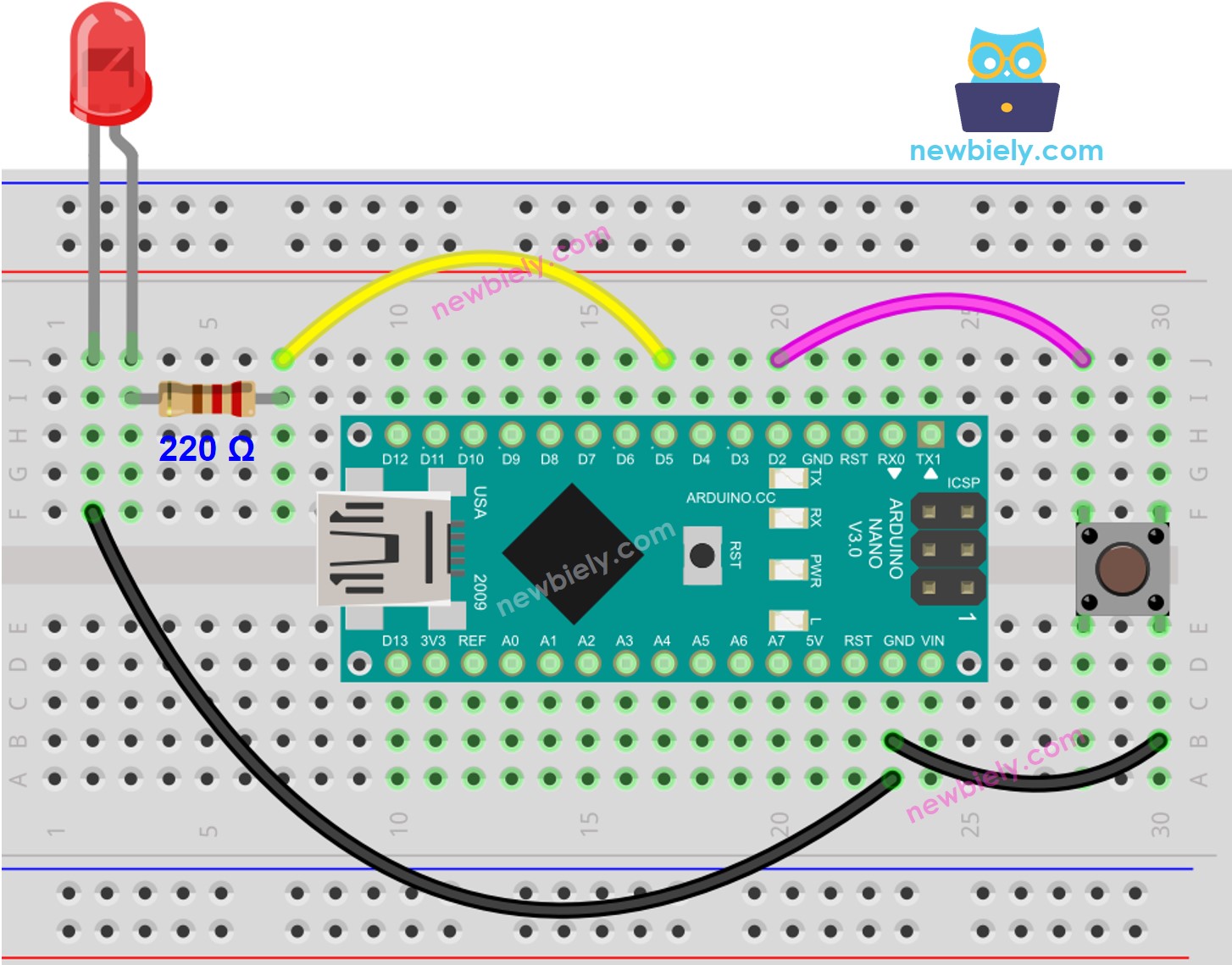 Diagrama de cableado de Arduino Nano para botón y LED