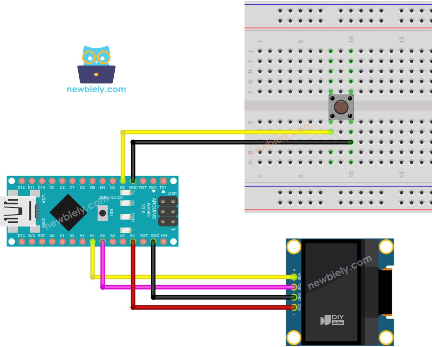 Diagrama de cableado de Arduino Nano con botón y OLED