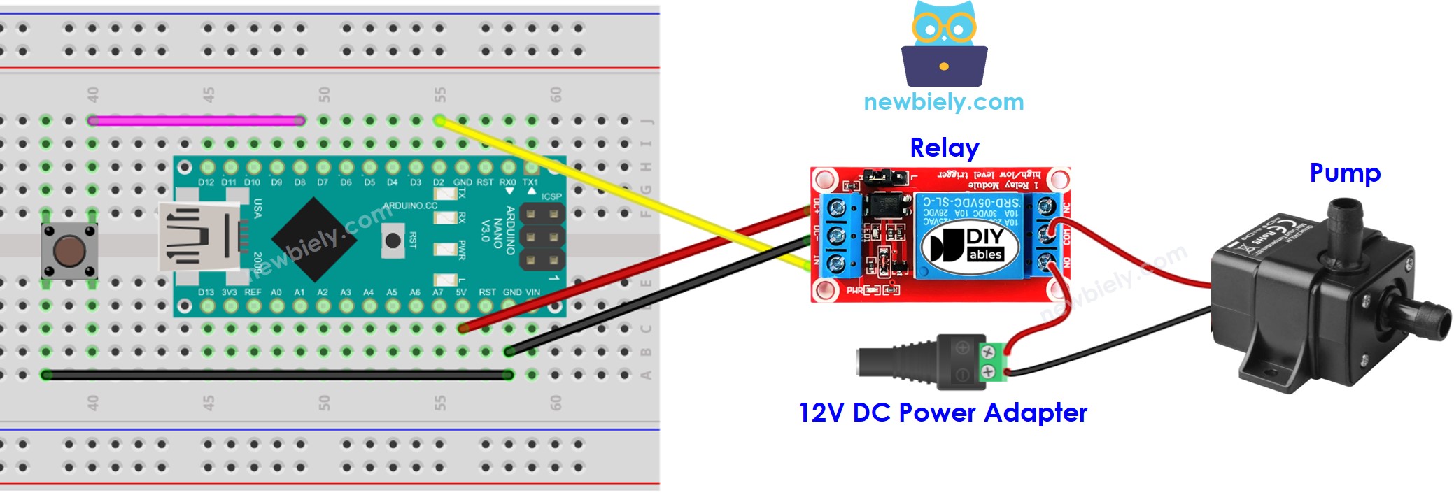 Arduino Nano, controles de botón, diagrama de cableado de la bomba