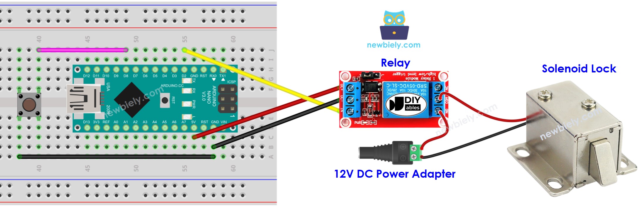 Diagrama de cableado de la cerradura de solenoide para Arduino Nano