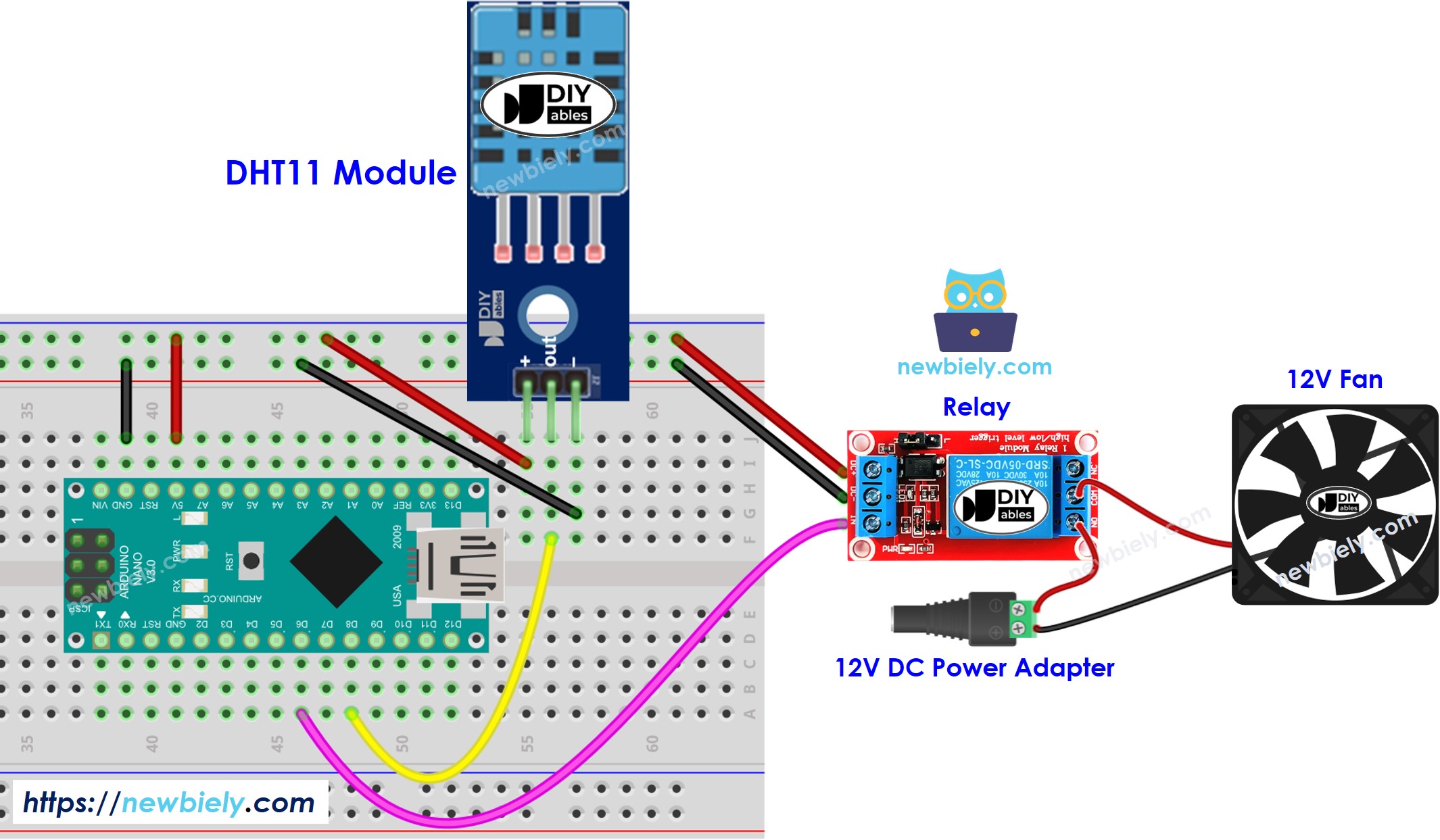 Diagrama de cableado del sistema de ventilador de enfriamiento para Arduino Nano