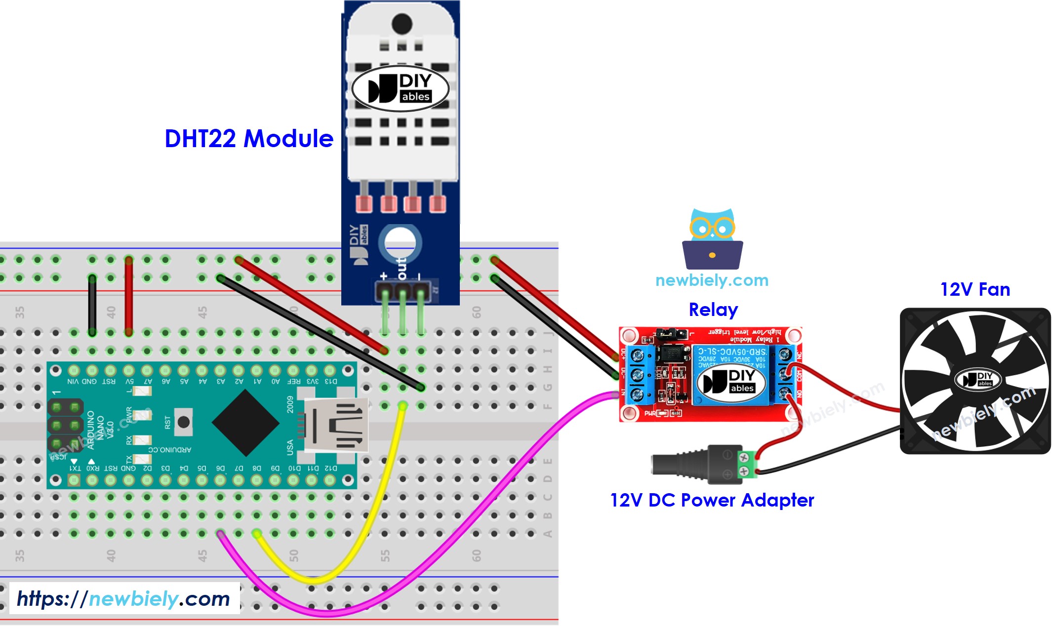 Diagrama de cableado del sistema de enfriamiento con ventilador para Arduino Nano