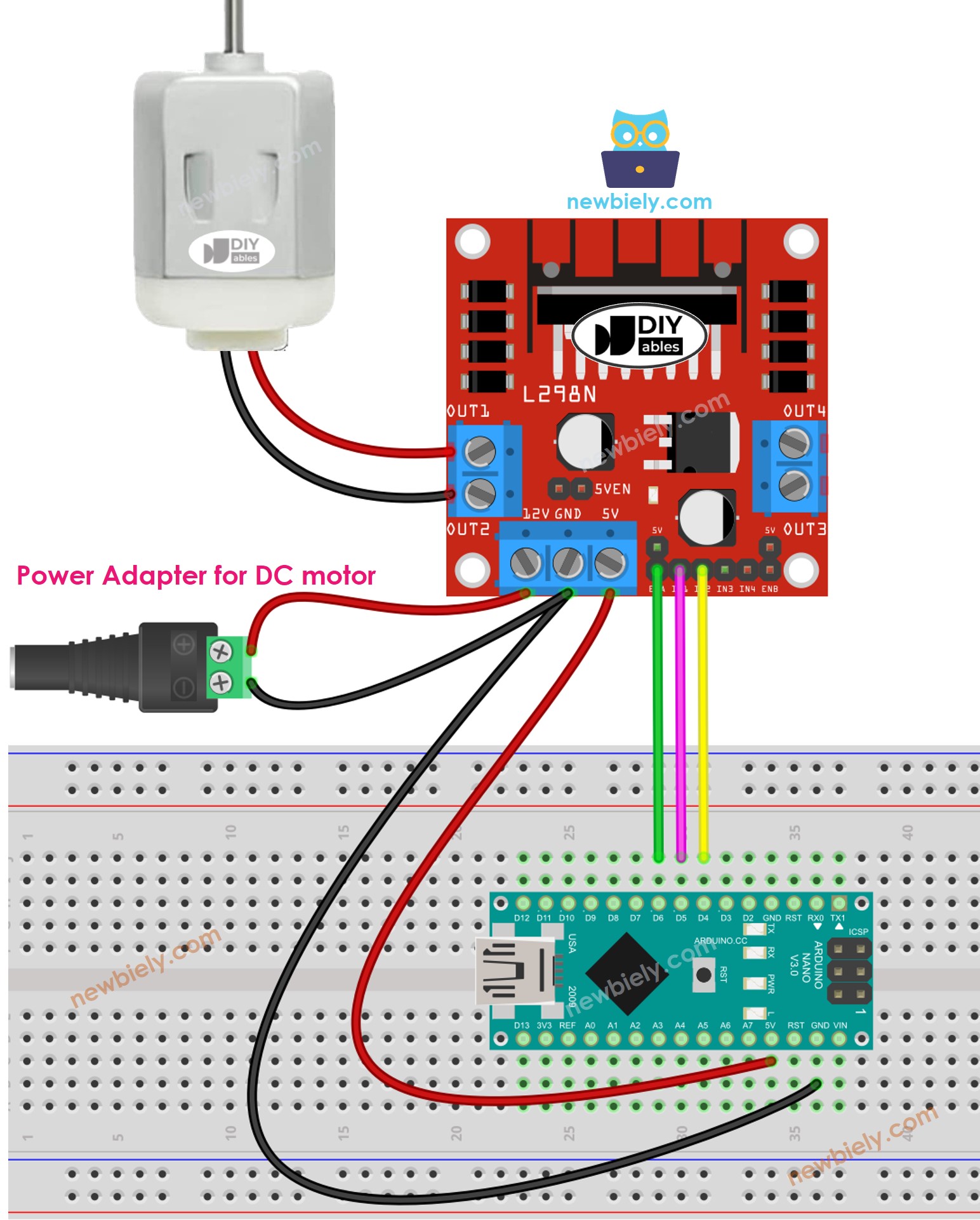 Diagrama de cableado de Arduino Nano para motor DC con el controlador L298N