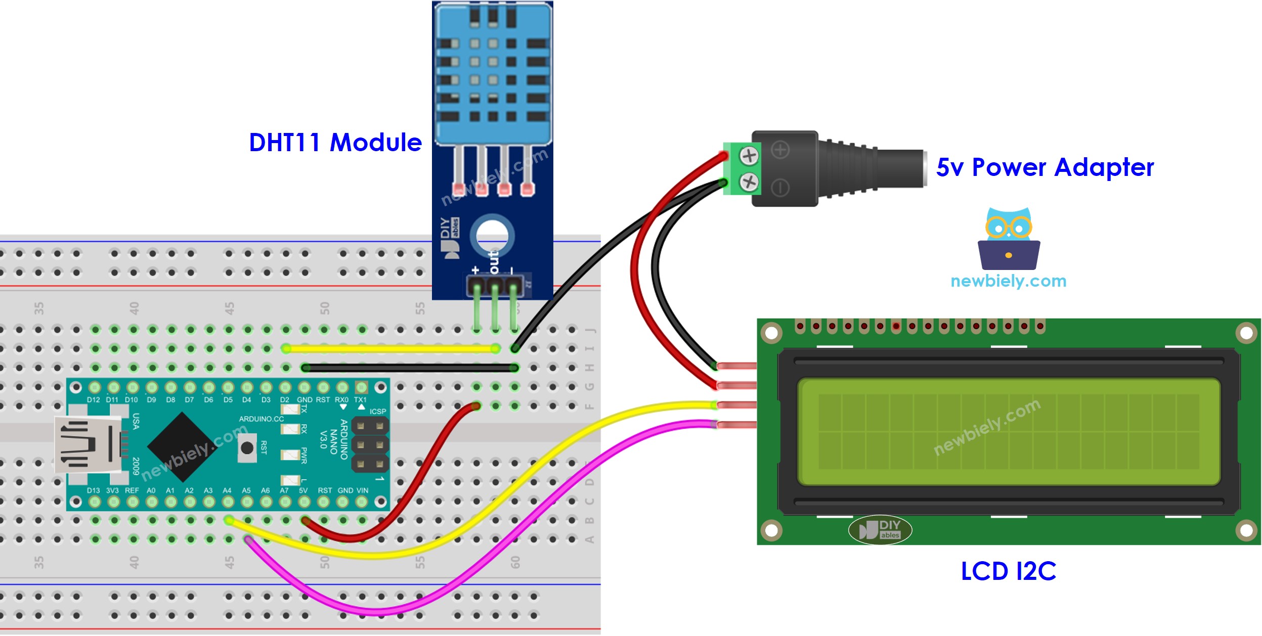 Diagrama de cableado de alimentación externa para Arduino Nano con DHT11, temperatura y humedad, LCD