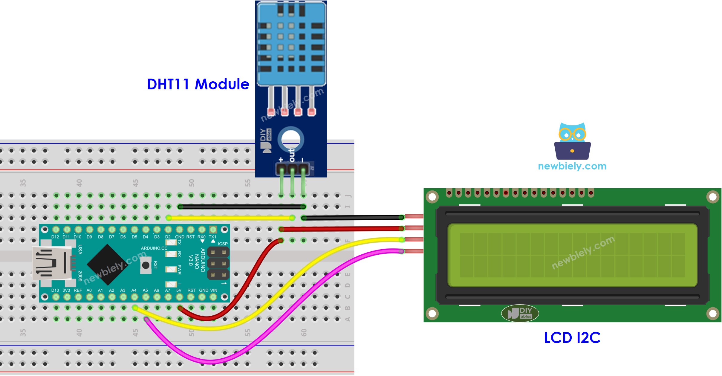 Diagrama de cableado de LCD para Arduino Nano DHT11 temperatura y humedad