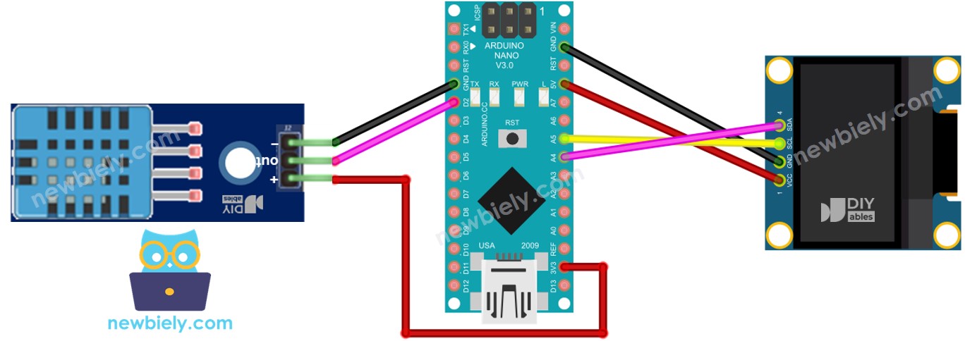 Diagrama de cableado de Arduino Nano, sensor DHT11 y OLED