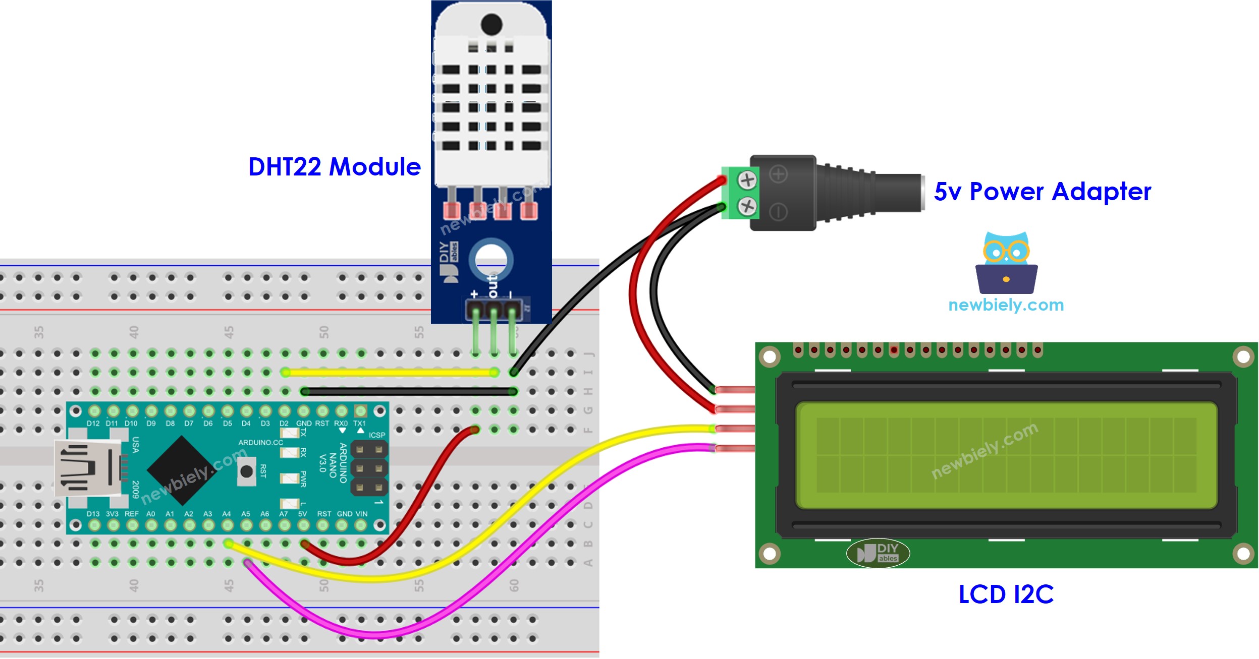 Arduino Nano DHT22 temperatura y humedad pantalla LCD alimentación externa diagrama de cableado