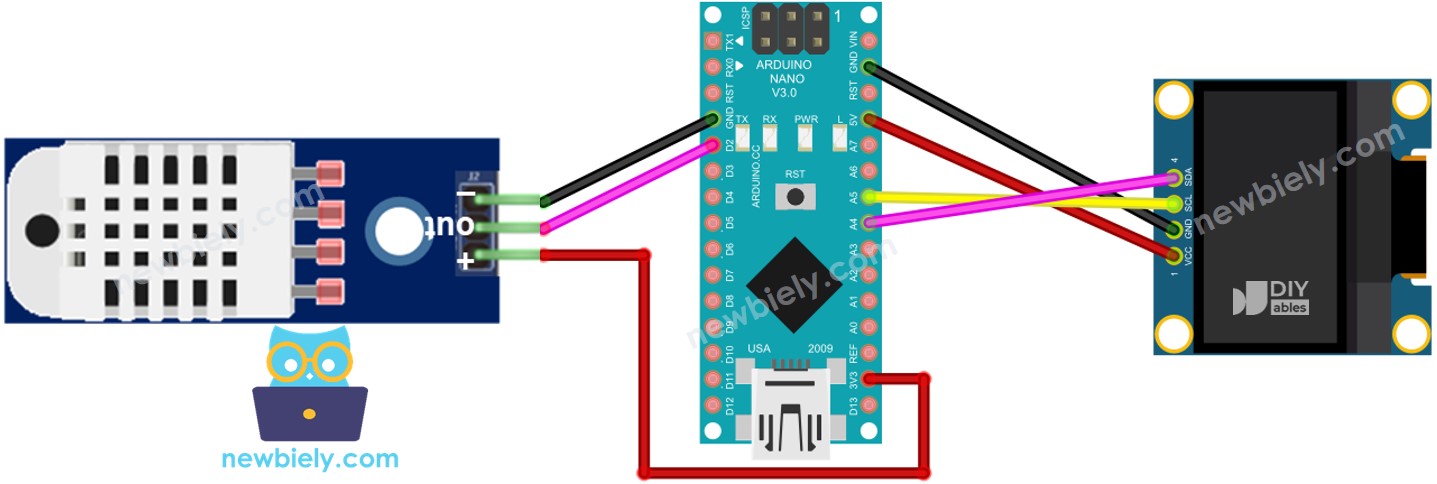 Diagrama de cableado de Arduino Nano con sensor DHT22 y OLED