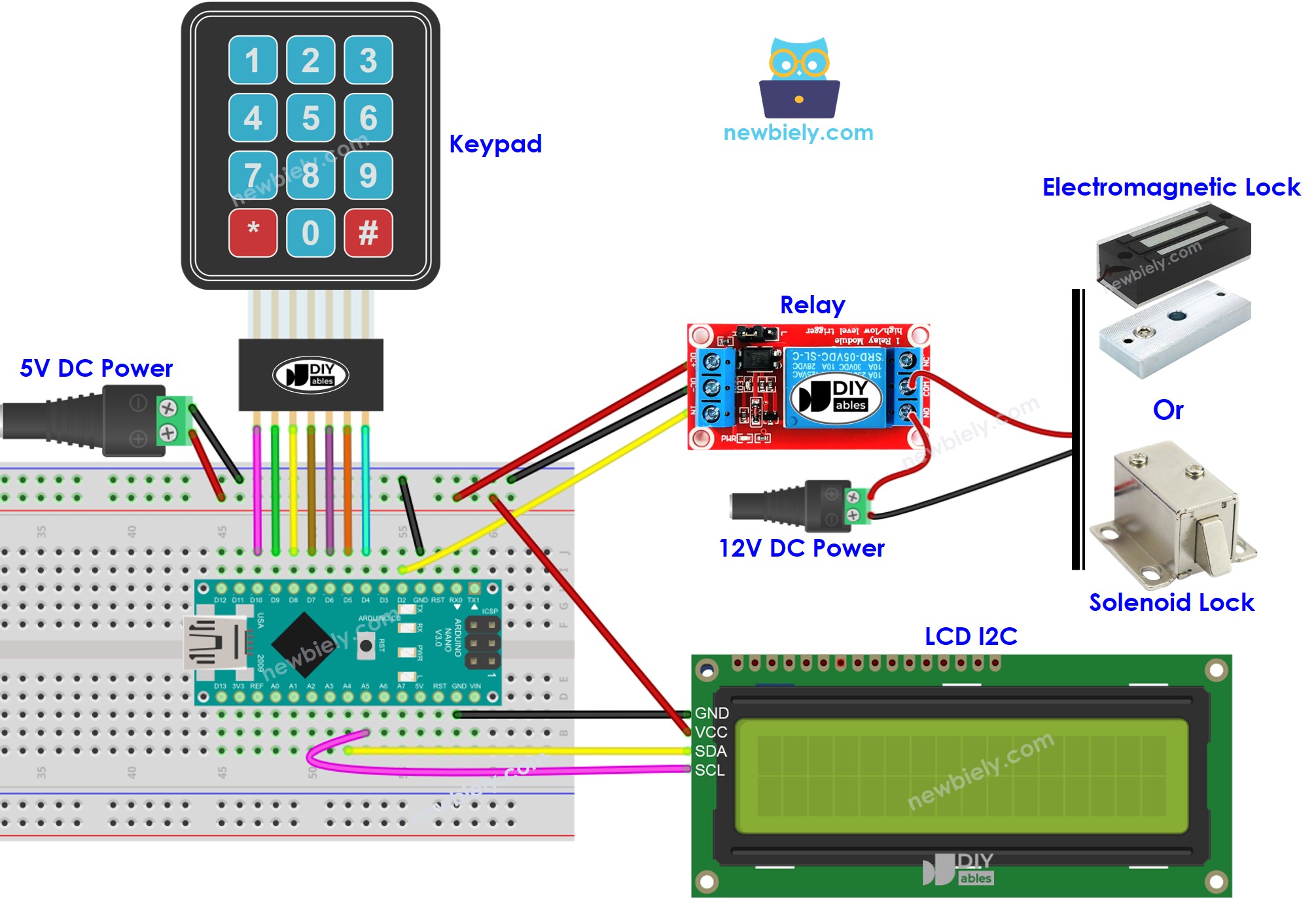 Diagrama de cableado de la fuente de alimentación externa para la pantalla LCD del sistema de cerradura con Arduino Nano.