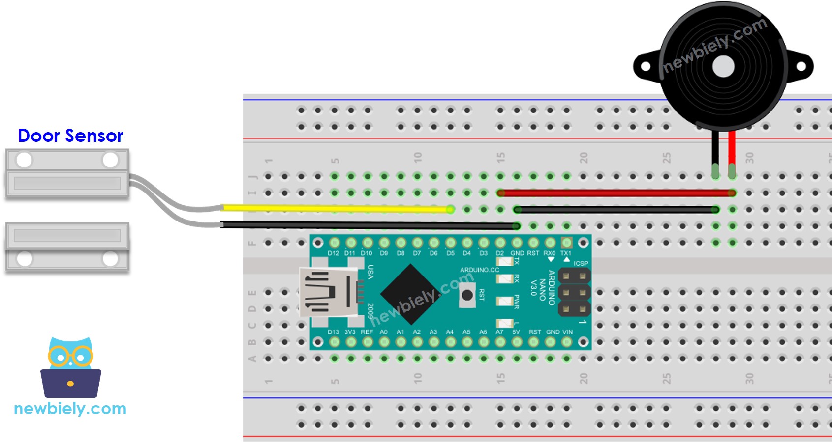 Diagrama de cableado de Arduino Nano, sensor de puerta y zumbador piezoeléctrico.