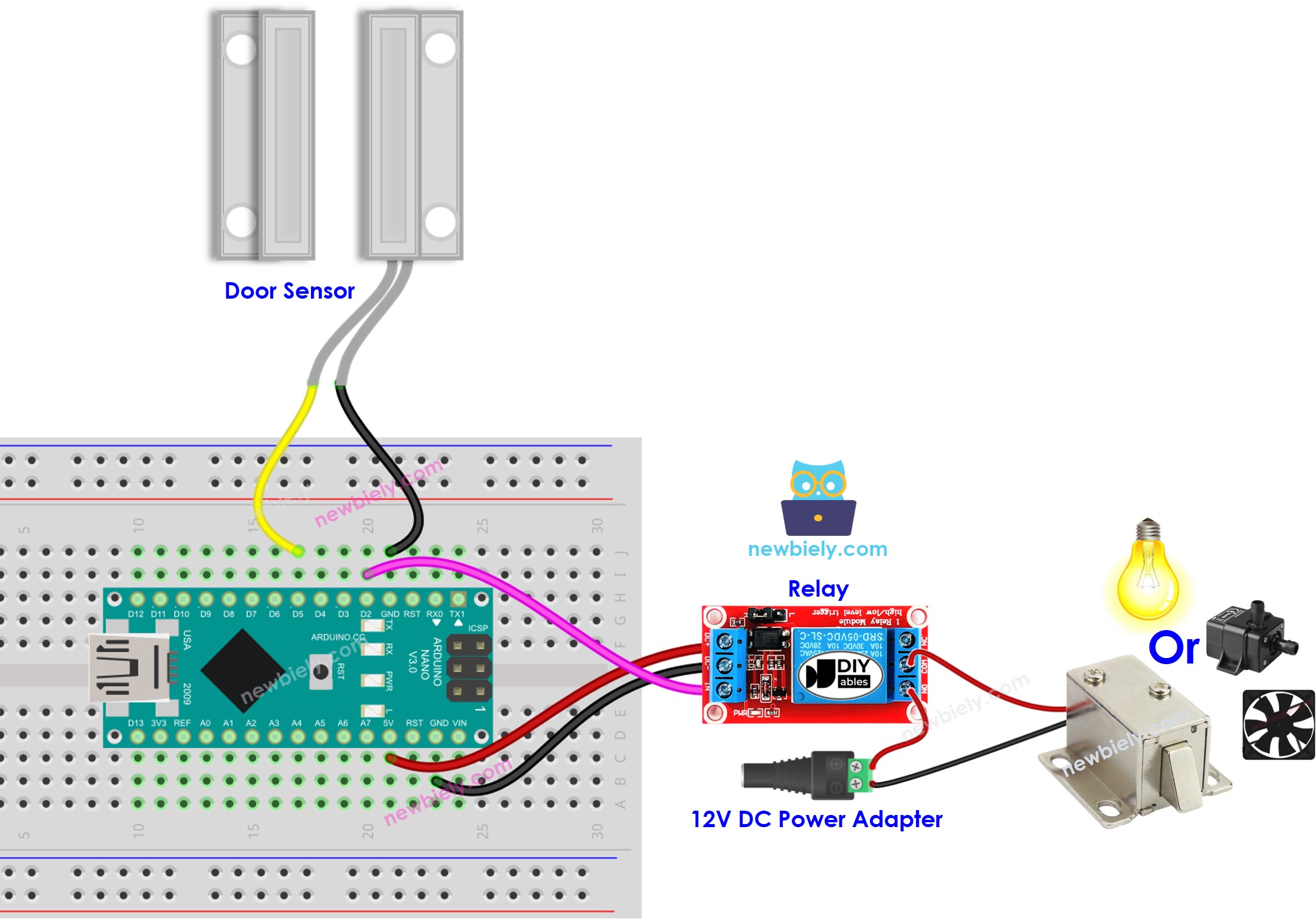 Diagrama de cableado del relé para sensor de puerta Arduino Nano
