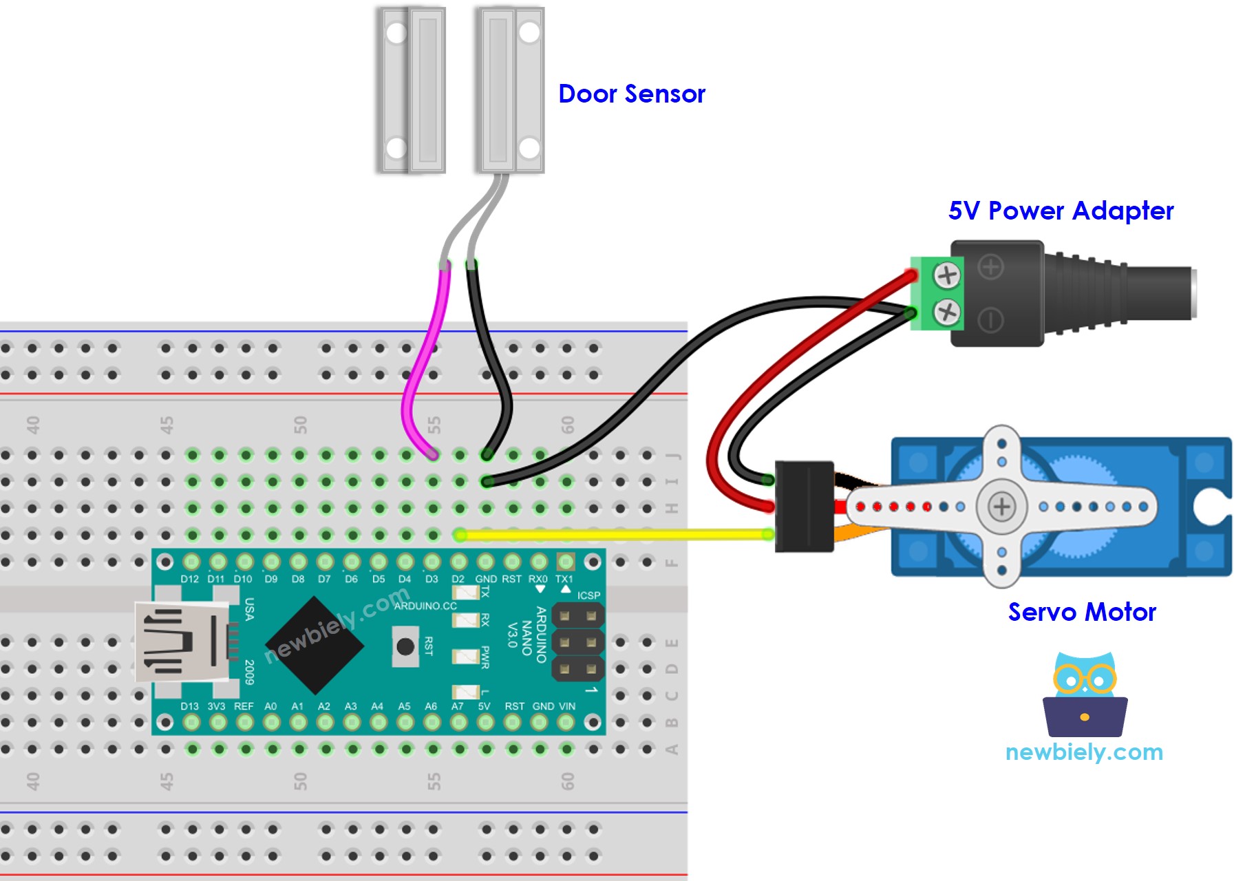 Diagrama de cableado de alimentación externa para Arduino Nano, sensor de puerta y servomotor.