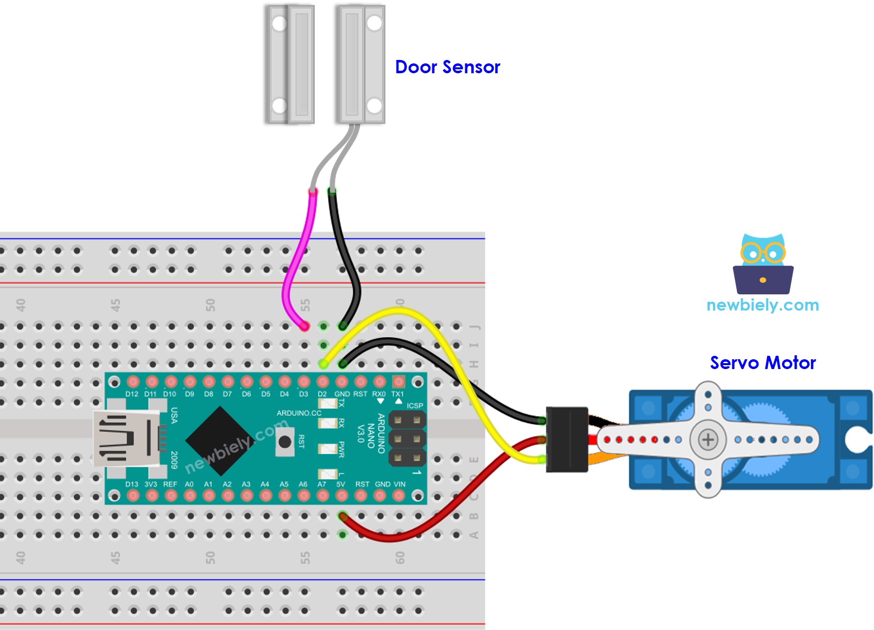 Diagrama de cableado de Arduino Nano, sensor de puerta y servomotor