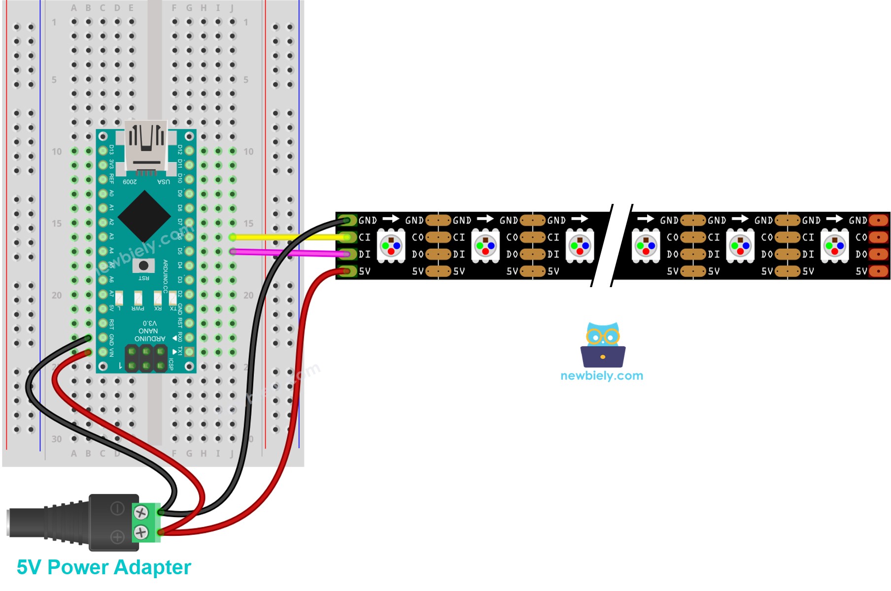 Diagrama de cableado de la tira de LEDs RGB DotStar para Arduino Nano