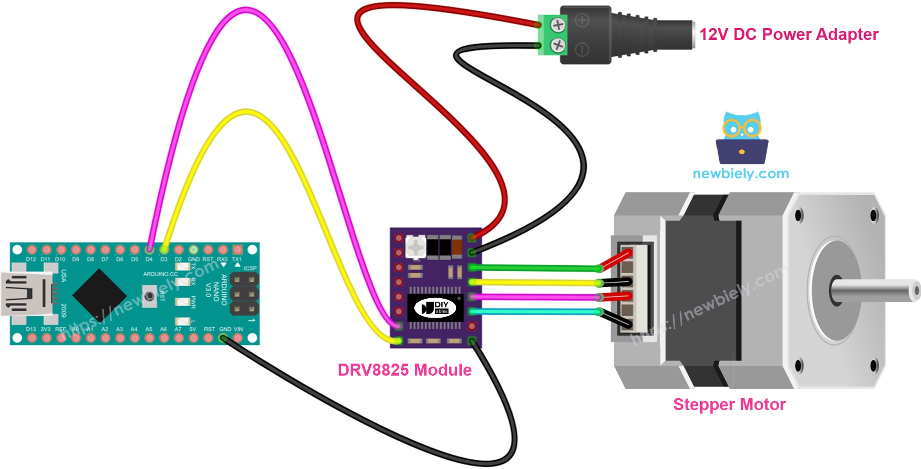 Diagrama de cableado del controlador de motor paso a paso DRV8825 para Arduino Nano