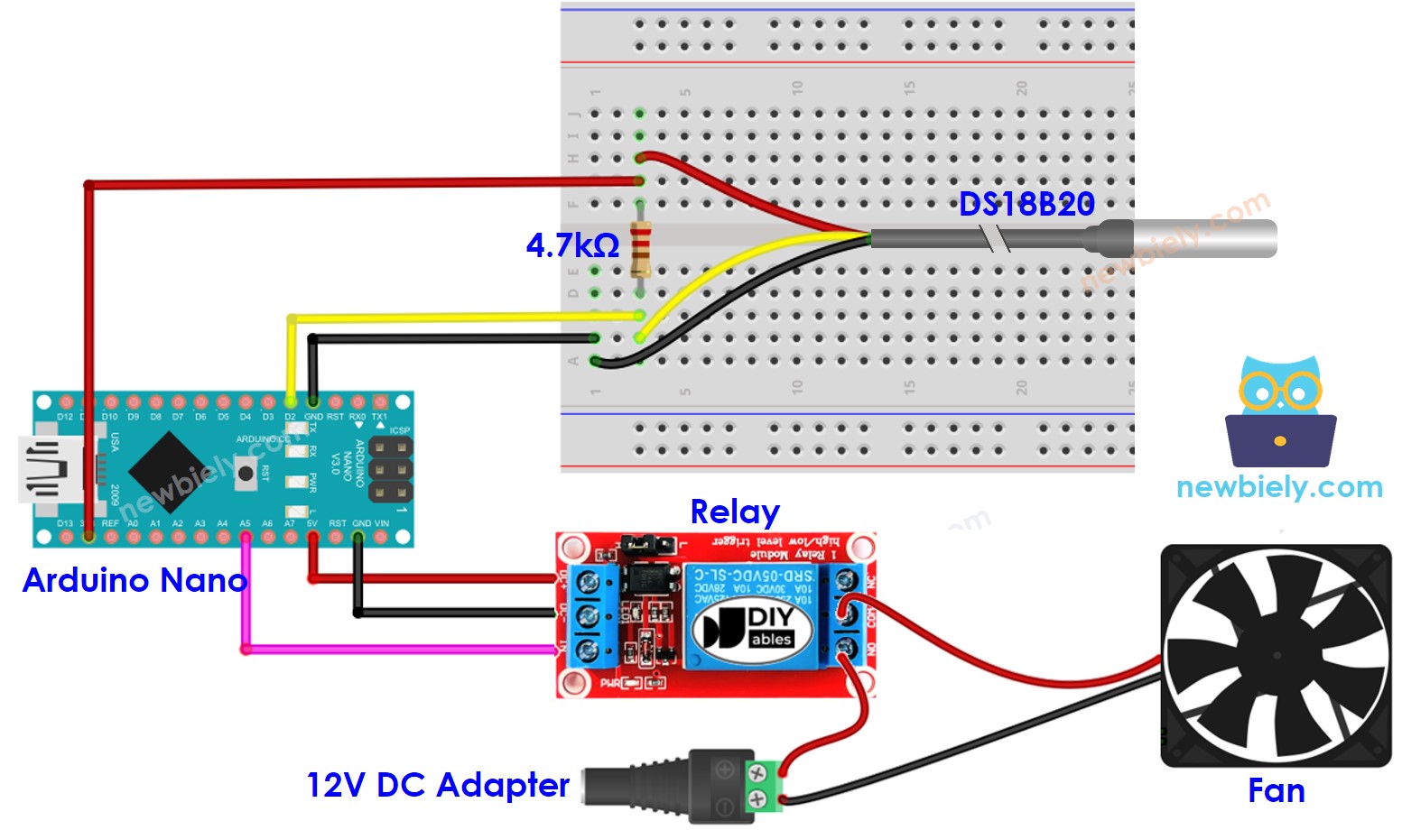 Diagrama de cableado del sistema de enfriamiento con ventilador para Arduino Nano