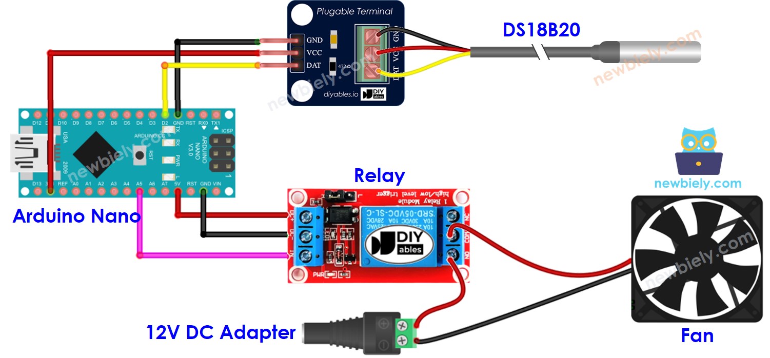 Diagrama de cableado para controlar un relé con Arduino Nano