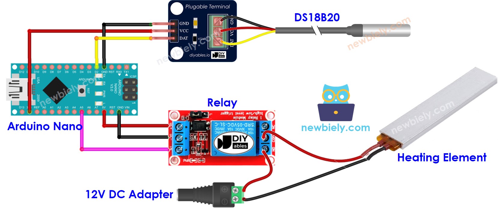 Diagrama de cableado para el control de un elemento calefactor con Arduino Nano