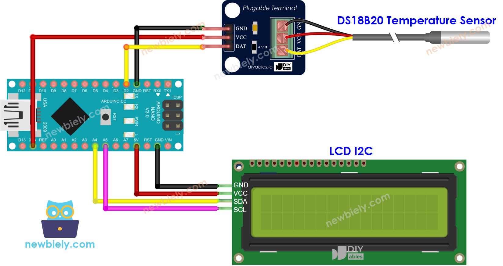 Diagrama de cableado LCD para Arduino Nano con sensor de temperatura DS18B20