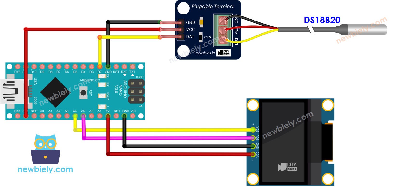 Diagrama de cableado de Arduino Nano para el sensor de temperatura DS18B20 y OLED