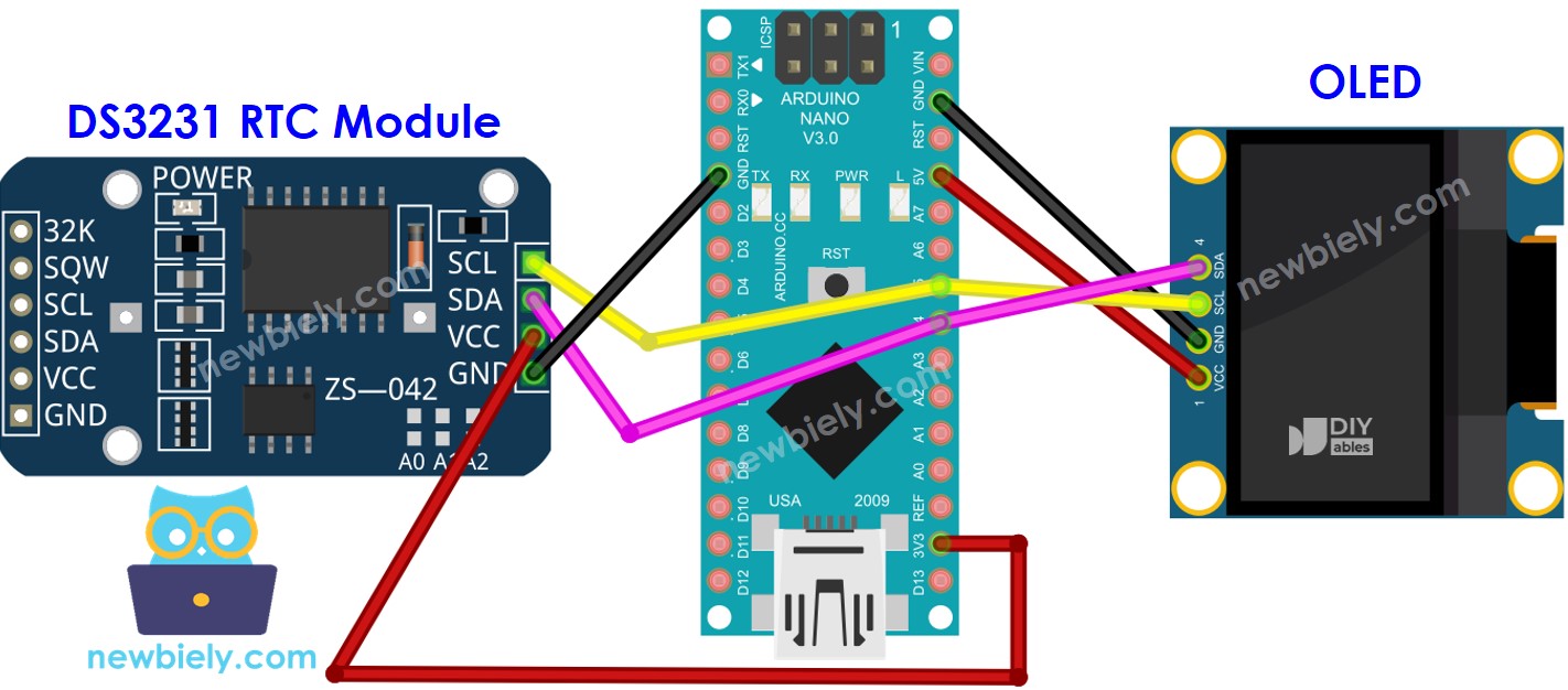 Diagrama de cableado de Arduino Nano DS3231 OLED