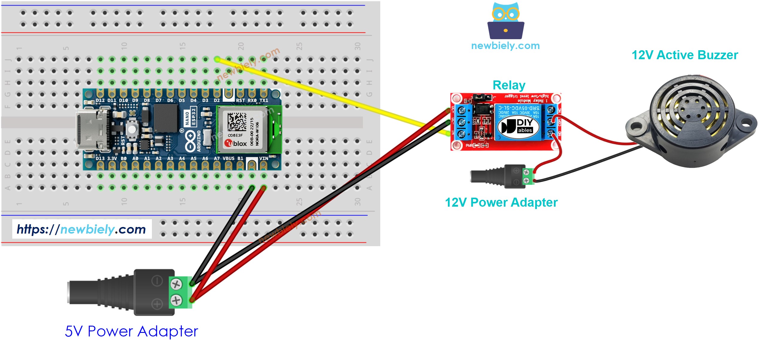 Diagrama de cableado del zumbador activo de 12 V para Arduino Nano ESP32