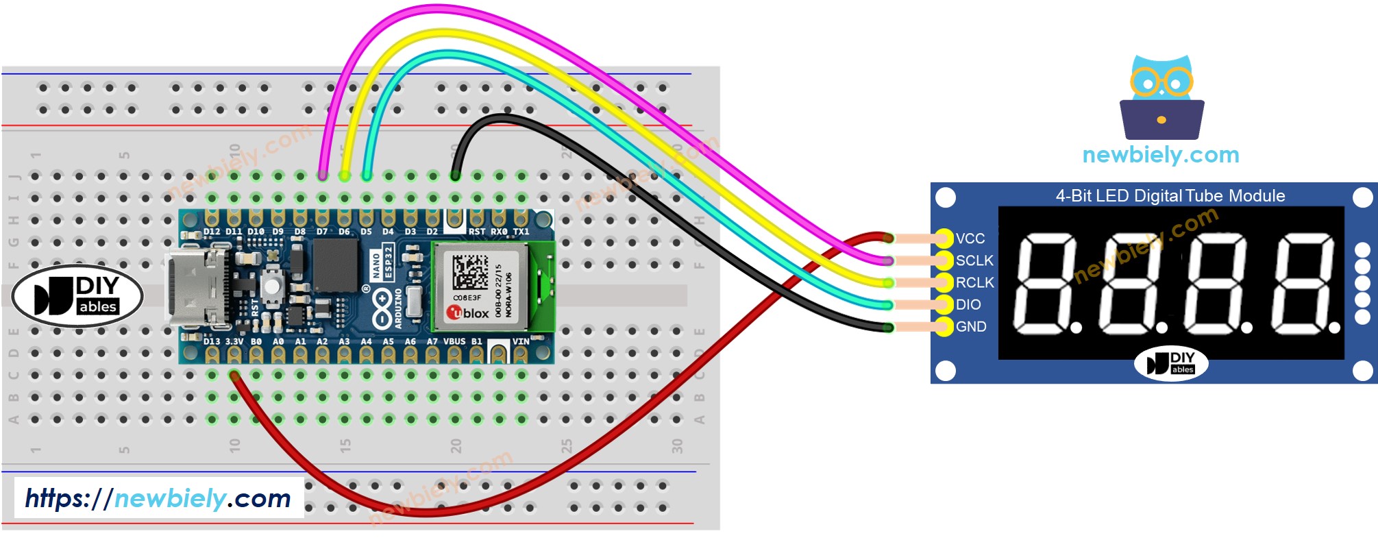 Diagrama de cableado del módulo Arduino Nano ESP32 74HC595