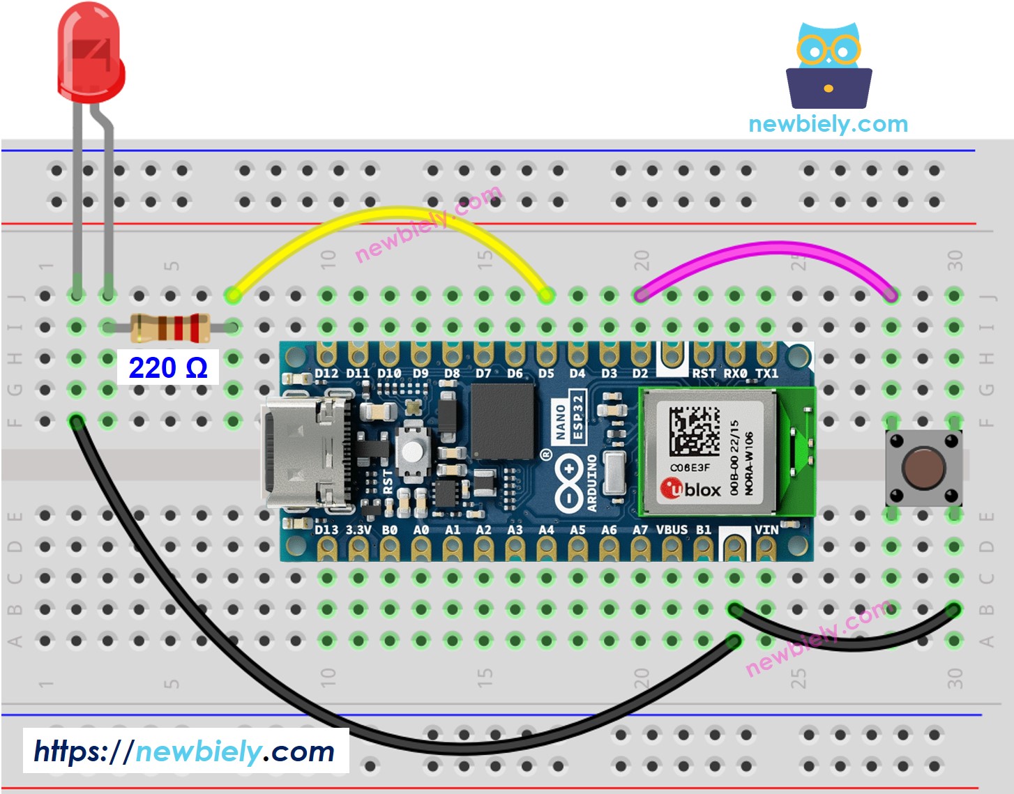 Diagrama de cableado de LED y botón para Arduino Nano ESP32