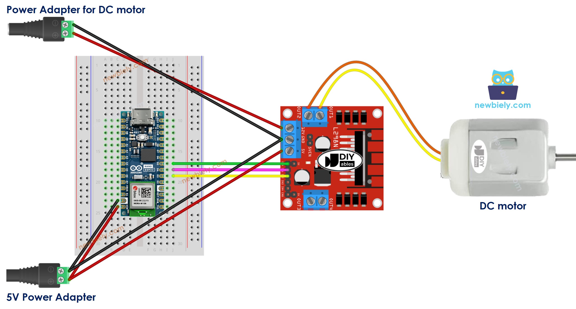 Diagrama de cableado para Arduino Nano ESP32, motor DC y controlador L298N