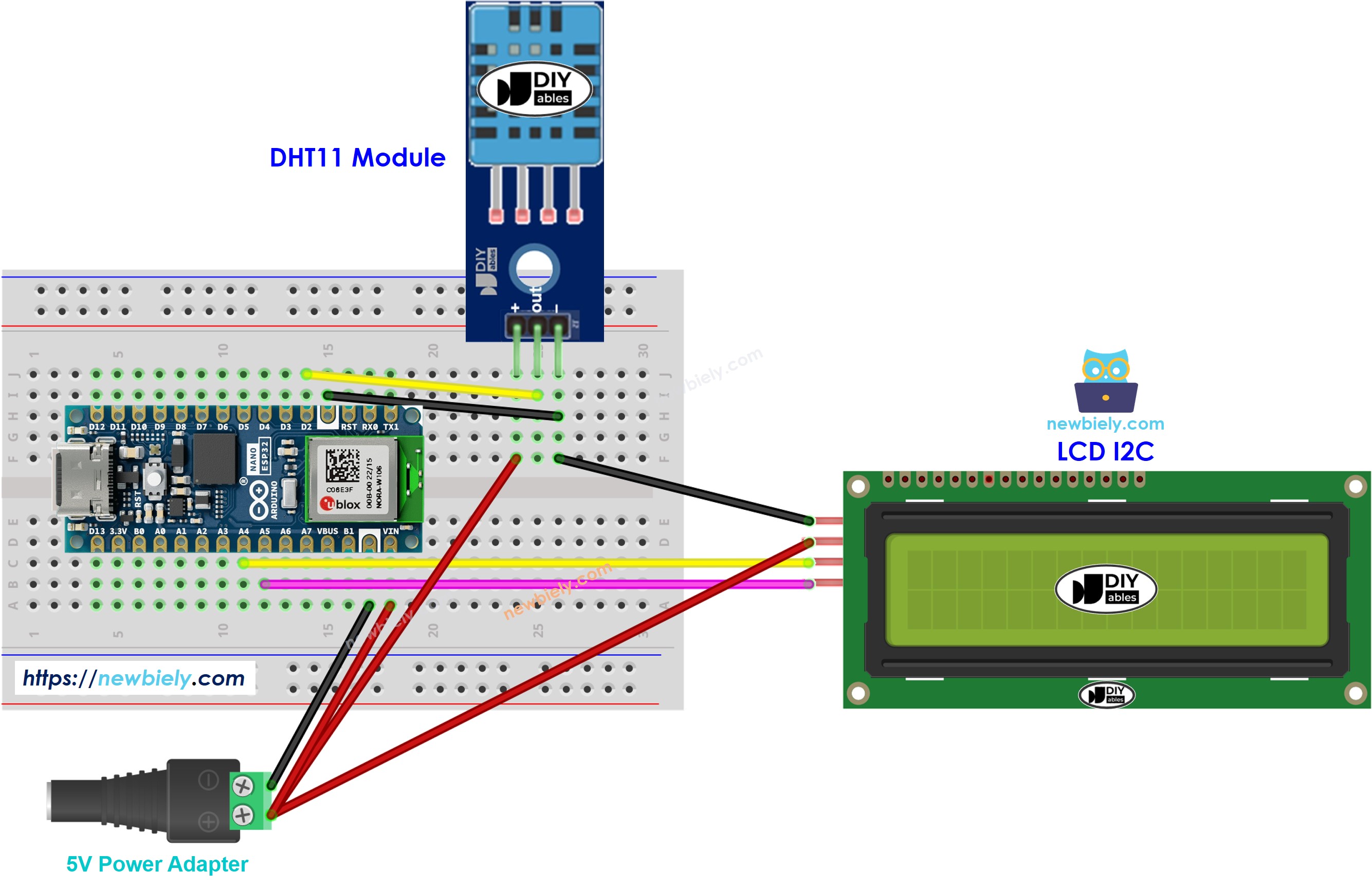 Diagrama de cableado LCD para Arduino Nano ESP32 y el módulo DHT11